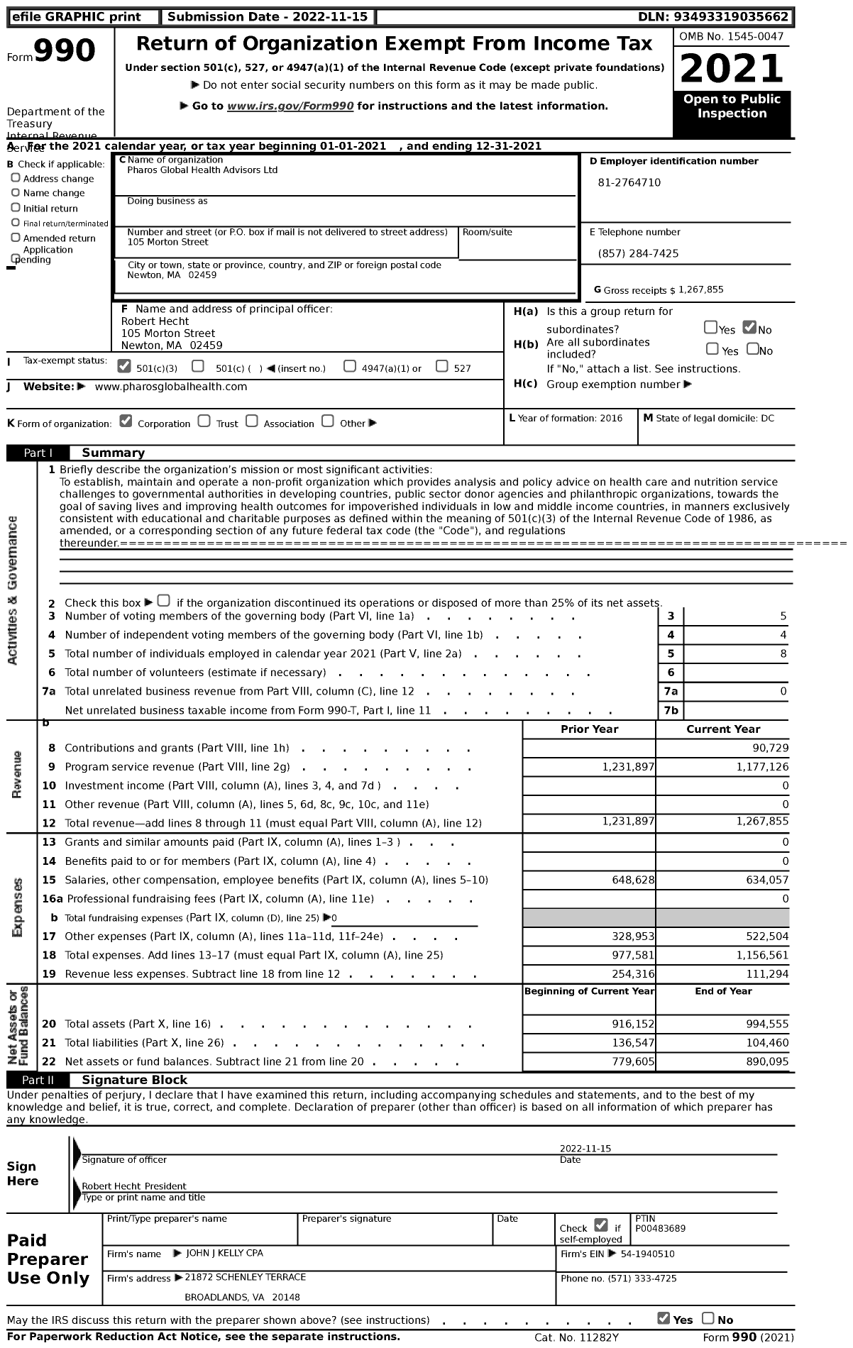 Image of first page of 2021 Form 990 for Pharos Global Health Advisors