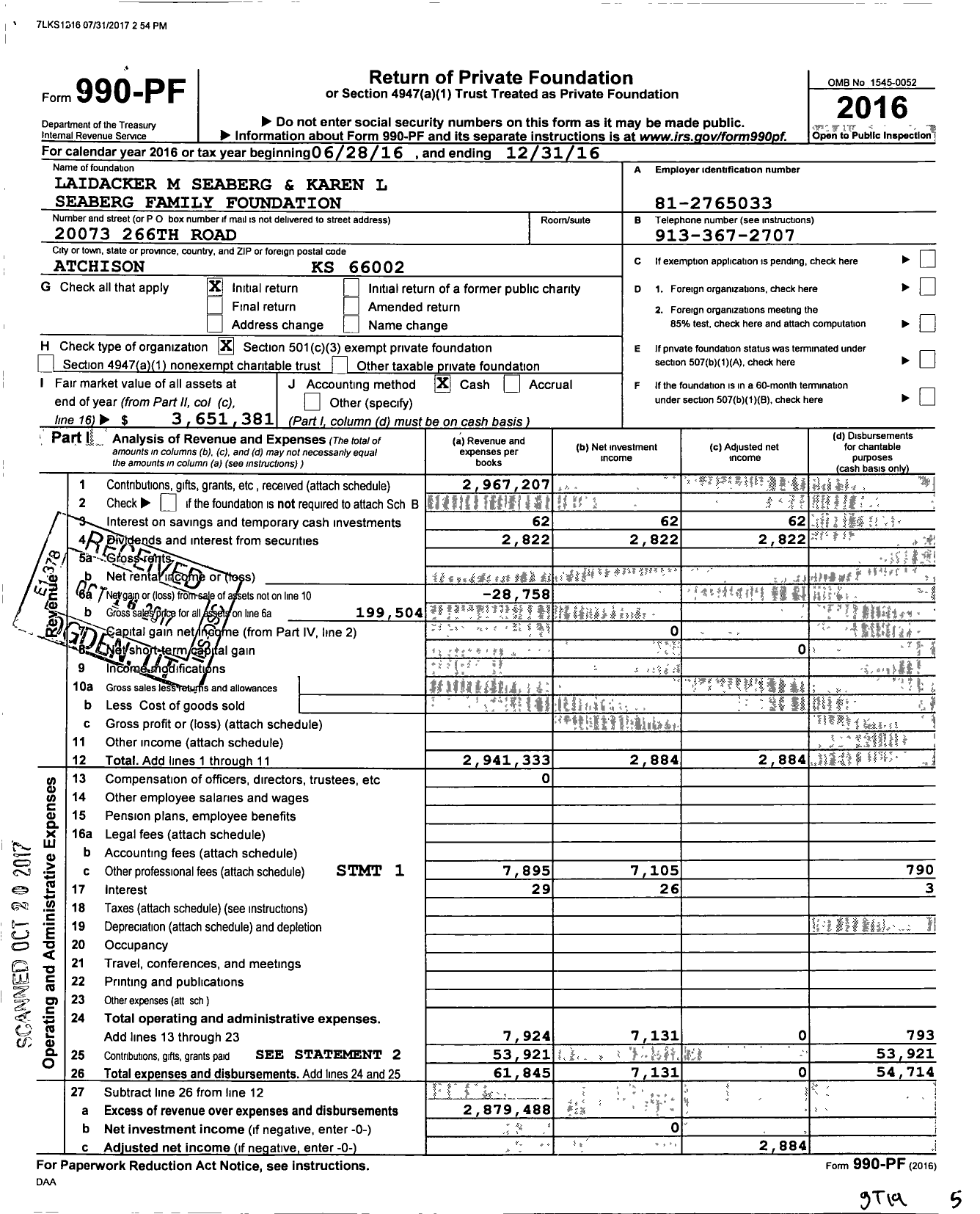 Image of first page of 2016 Form 990PF for Laidacker M and Karen L Seaberg Seaberg Family Foundation