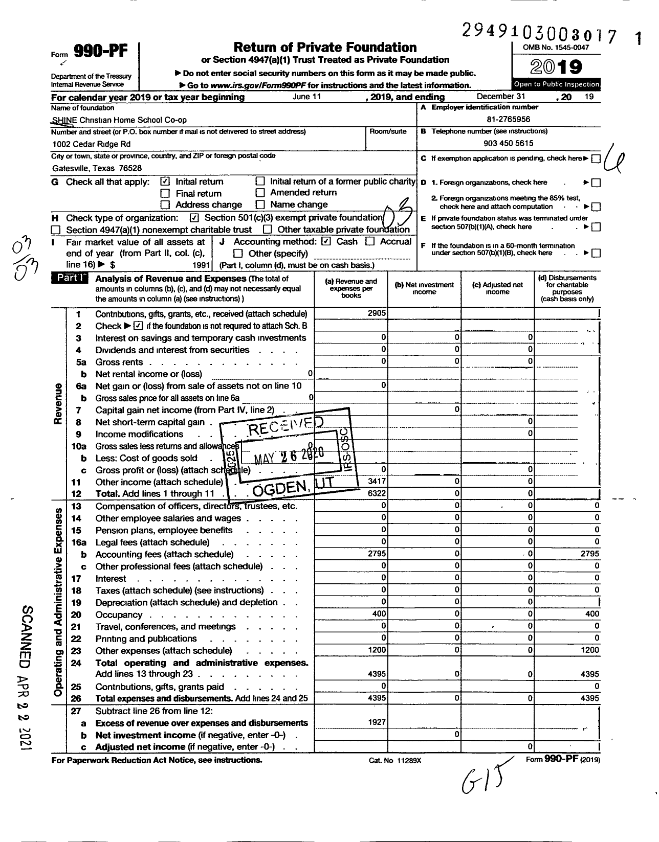 Image of first page of 2019 Form 990PF for Shine Christian Homeschool Co-Op