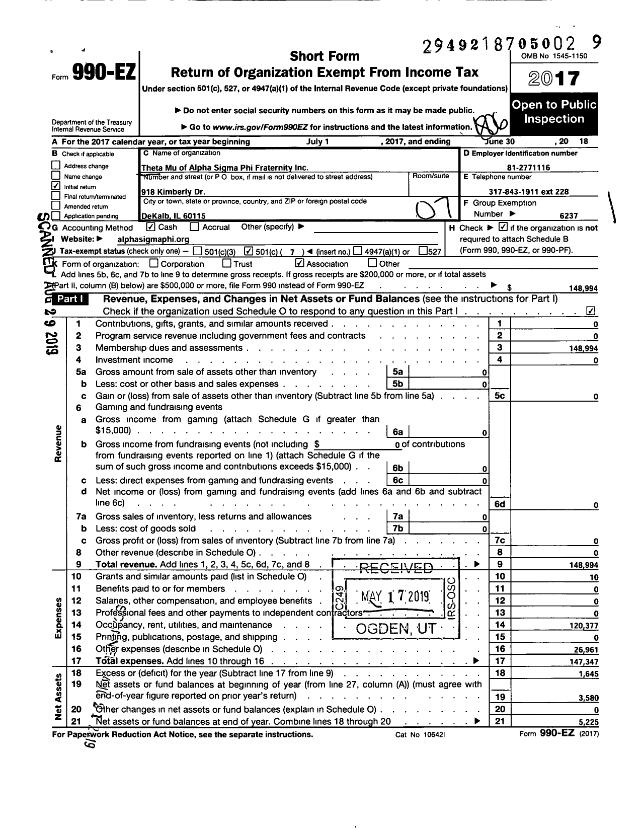 Image of first page of 2017 Form 990EO for Alpha Sigma Phi Fraternity / Theta Mu of Alpha Sigma Phi Fratern