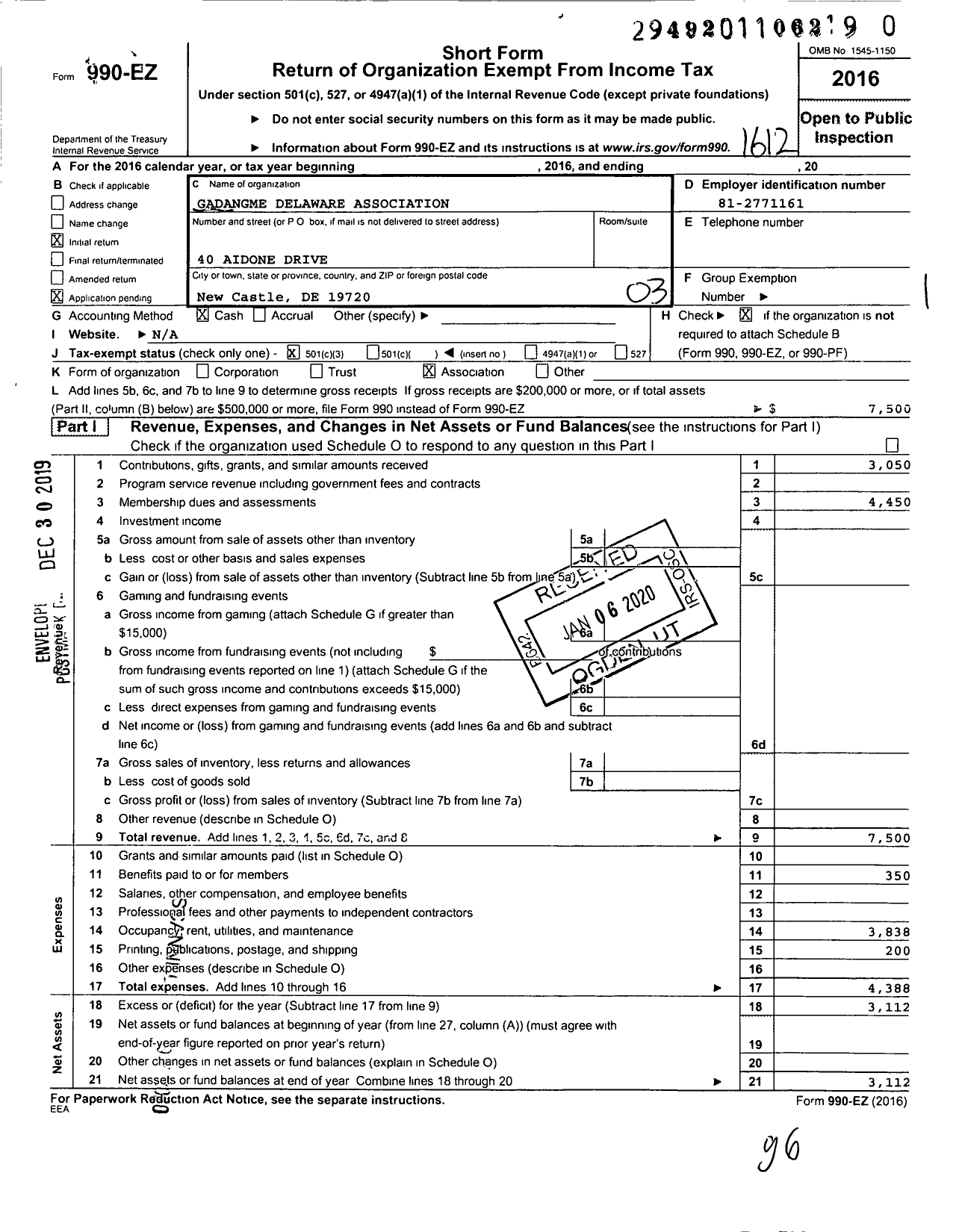 Image of first page of 2016 Form 990EZ for Gadangme Delaware Association