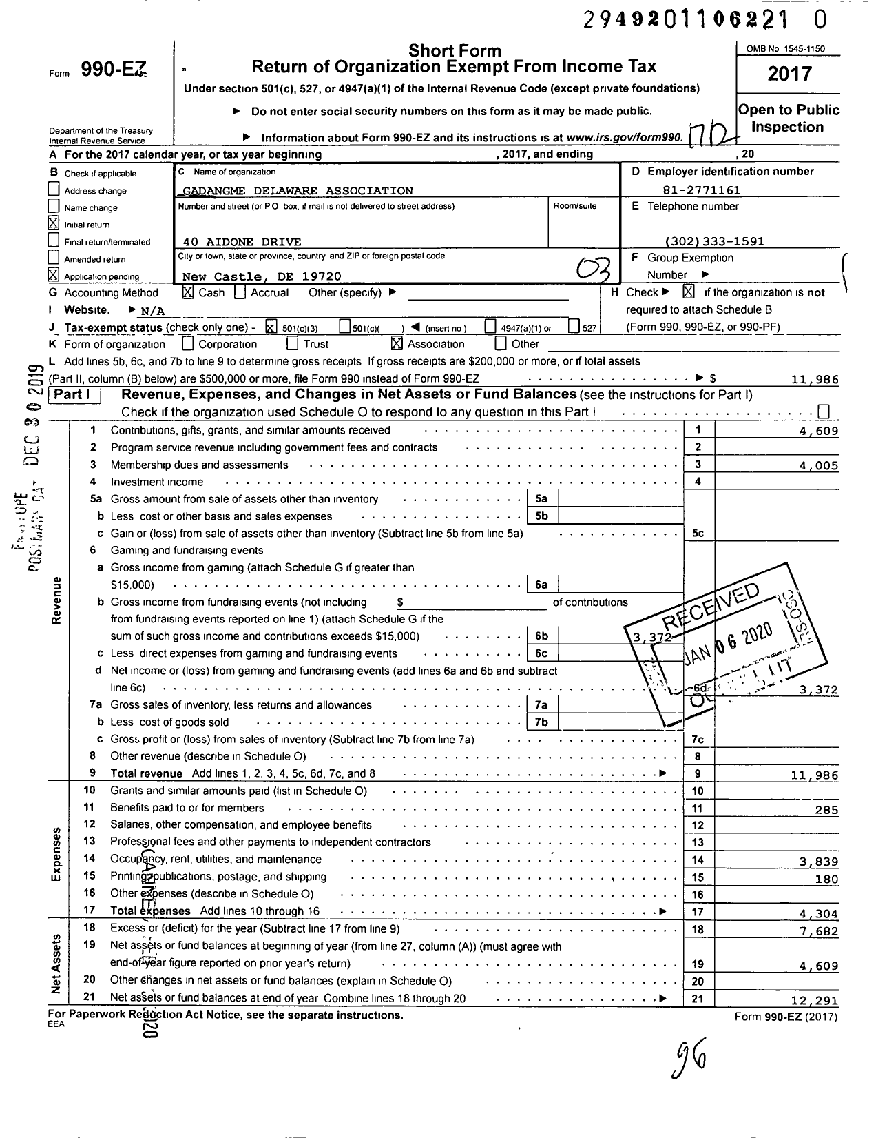 Image of first page of 2017 Form 990EZ for Gadangme Delaware Association