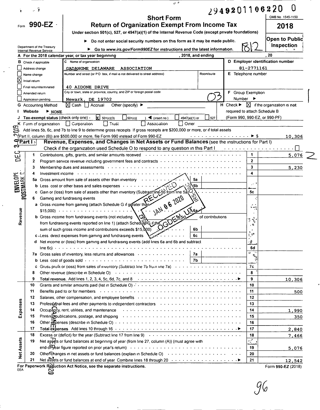 Image of first page of 2018 Form 990EZ for Gadangme Delaware Association