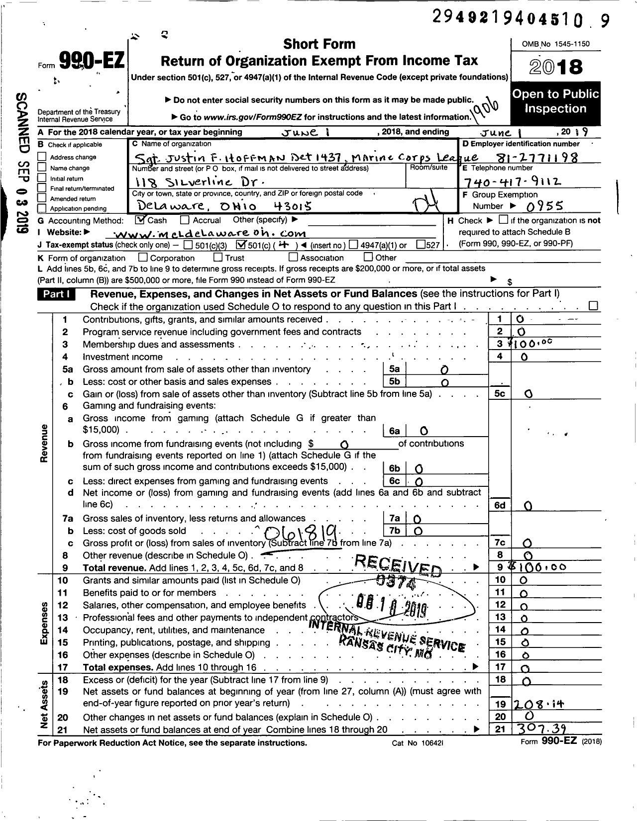 Image of first page of 2018 Form 990EO for Marine Corps League - 1437 Det SGT Justin F Hoffman