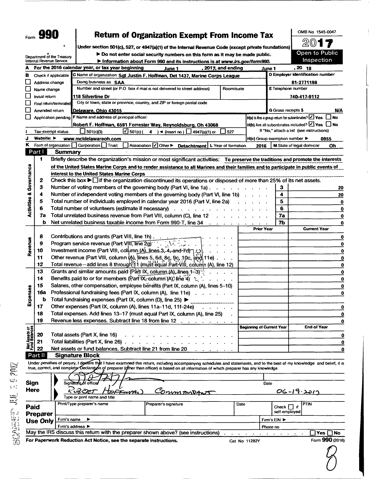 Image of first page of 2017 Form 990O for Marine Corps League - 1437 Det SGT Justin F Hoffman