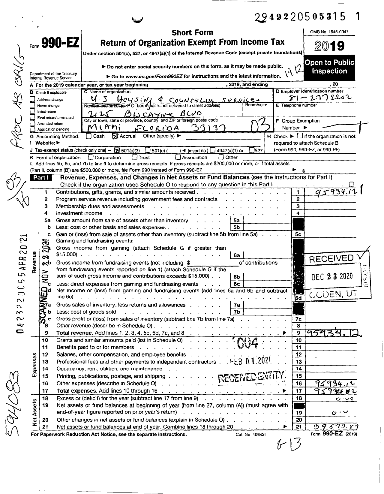 Image of first page of 2019 Form 990EZ for Us Housing and Counseling Service