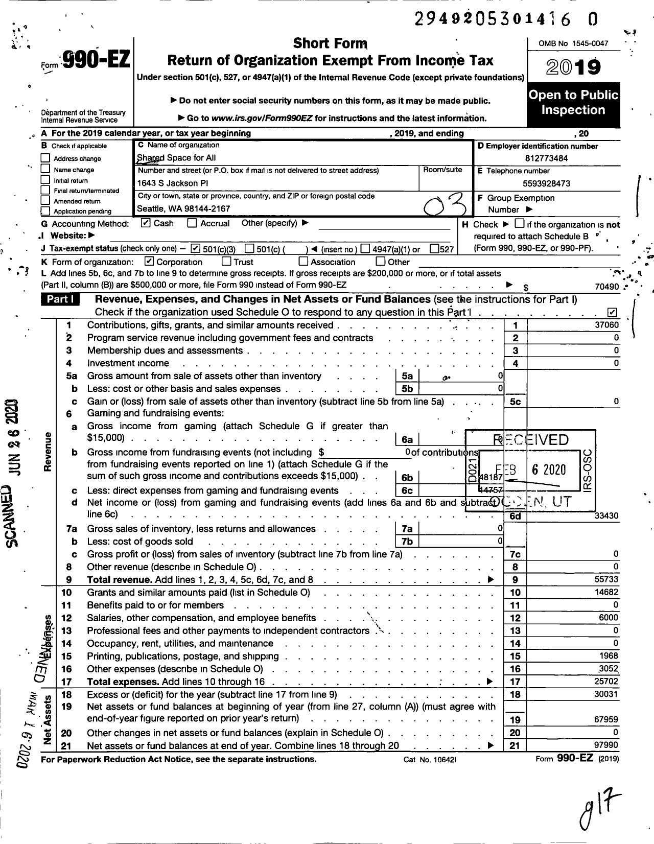 Image of first page of 2019 Form 990EZ for Shared Space for All