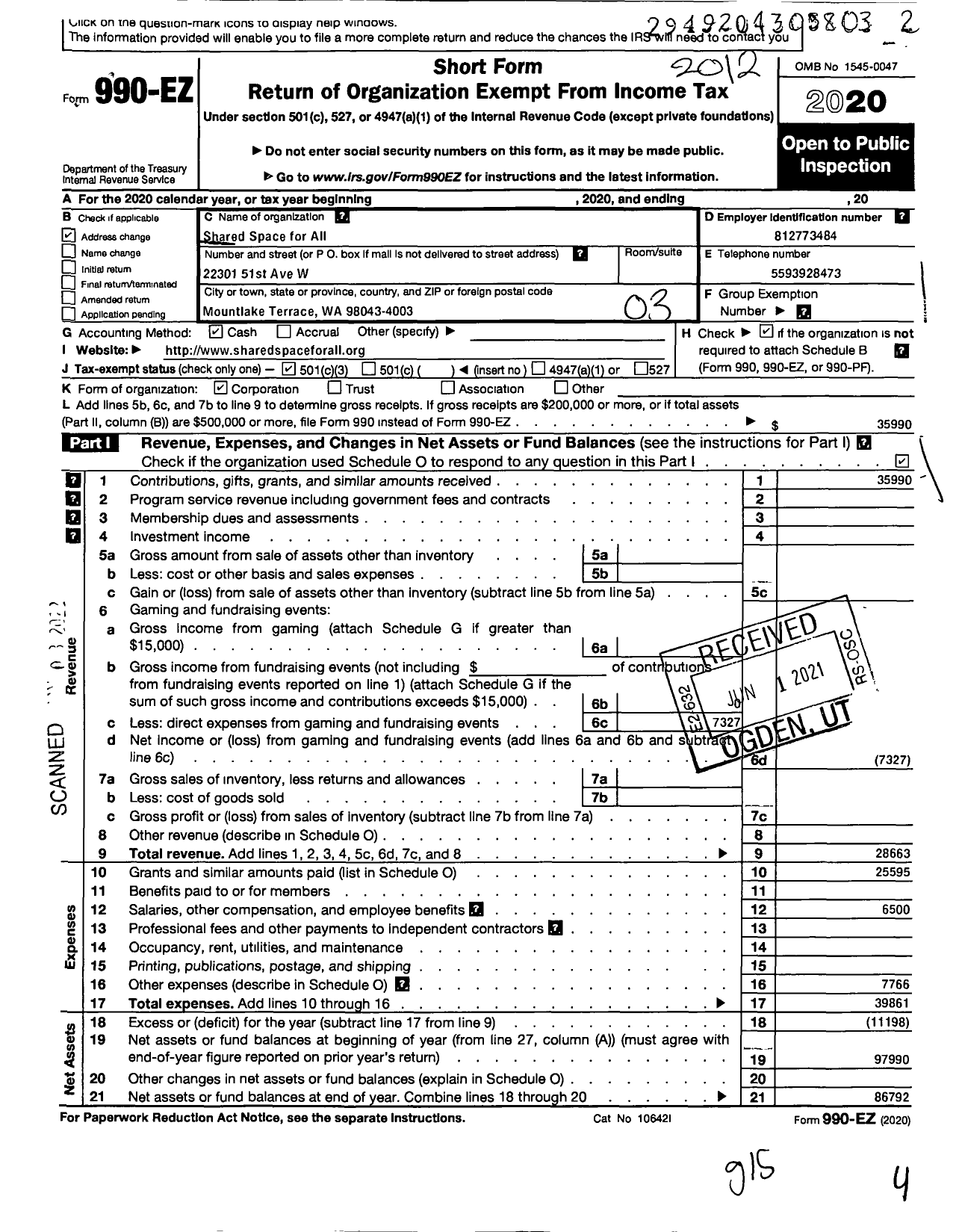 Image of first page of 2020 Form 990EZ for Shared Space for All