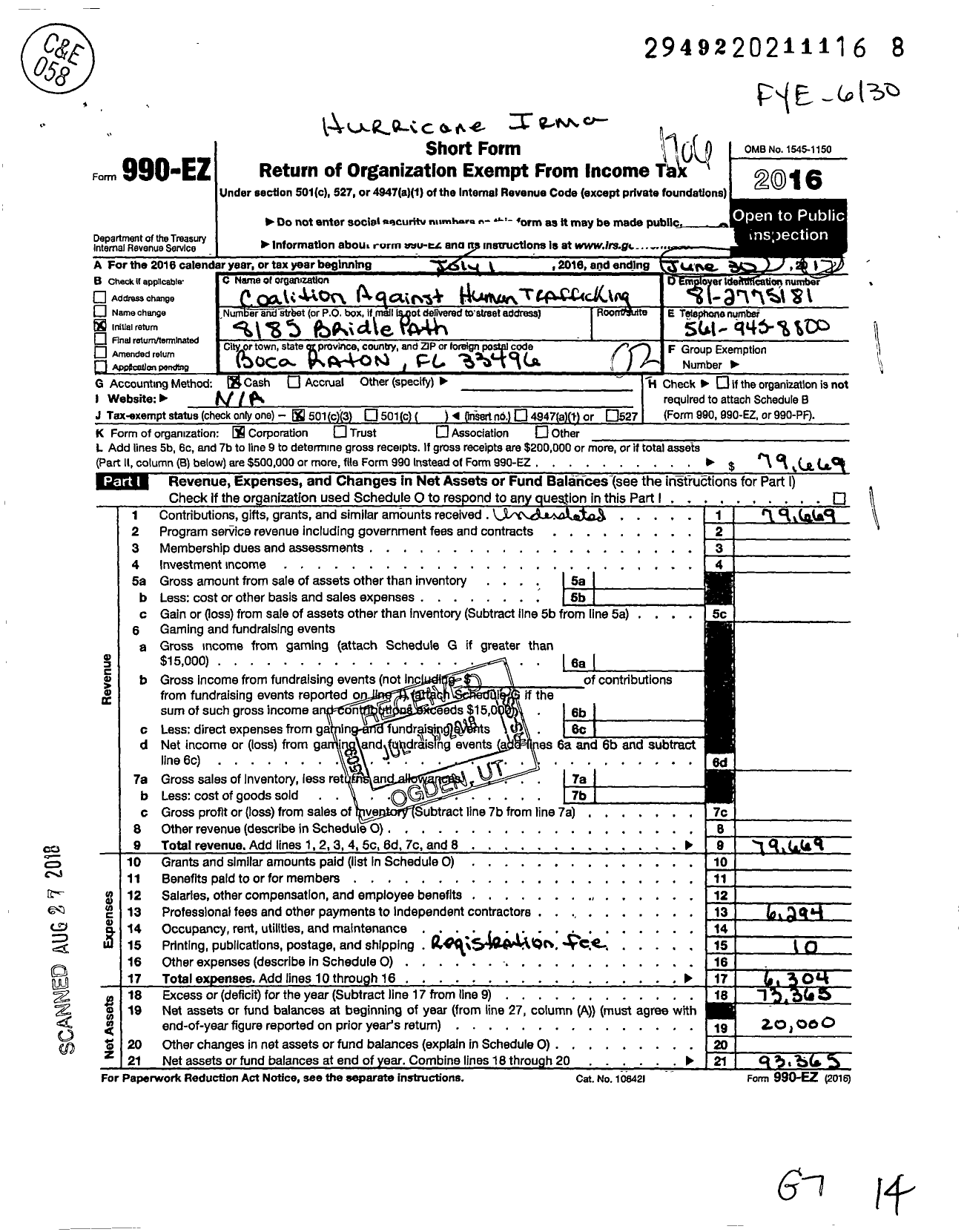 Image of first page of 2016 Form 990EZ for The Coalition Against Human Trafficking