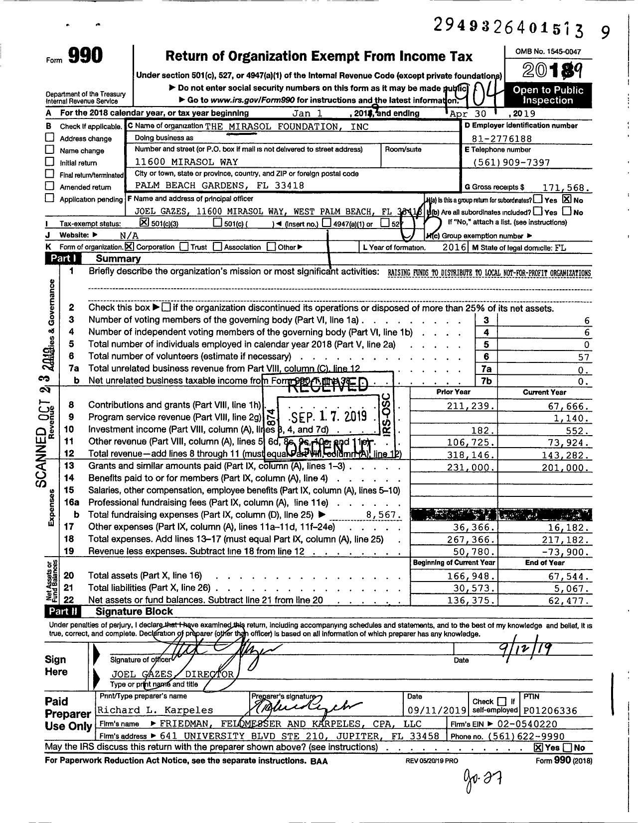 Image of first page of 2018 Form 990 for The Mirasol Foundation