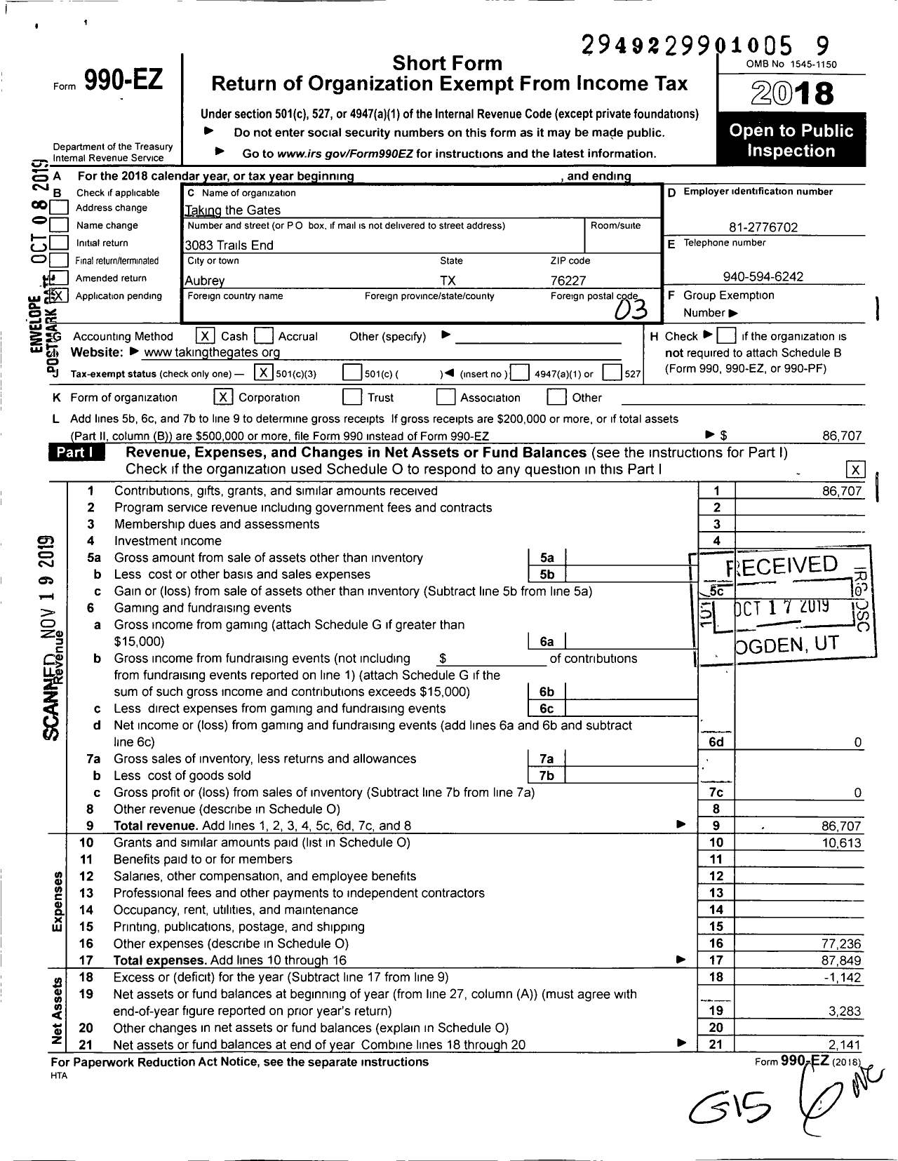 Image of first page of 2018 Form 990EZ for Taking the Gates