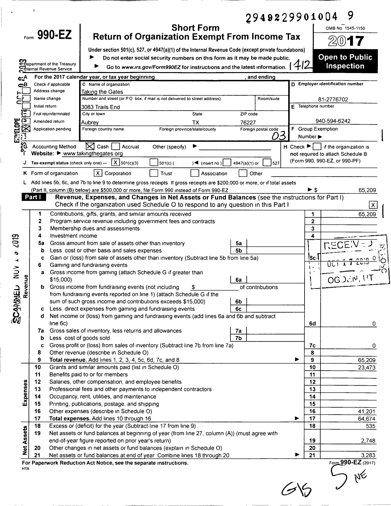 Image of first page of 2017 Form 990EZ for Taking the Gates