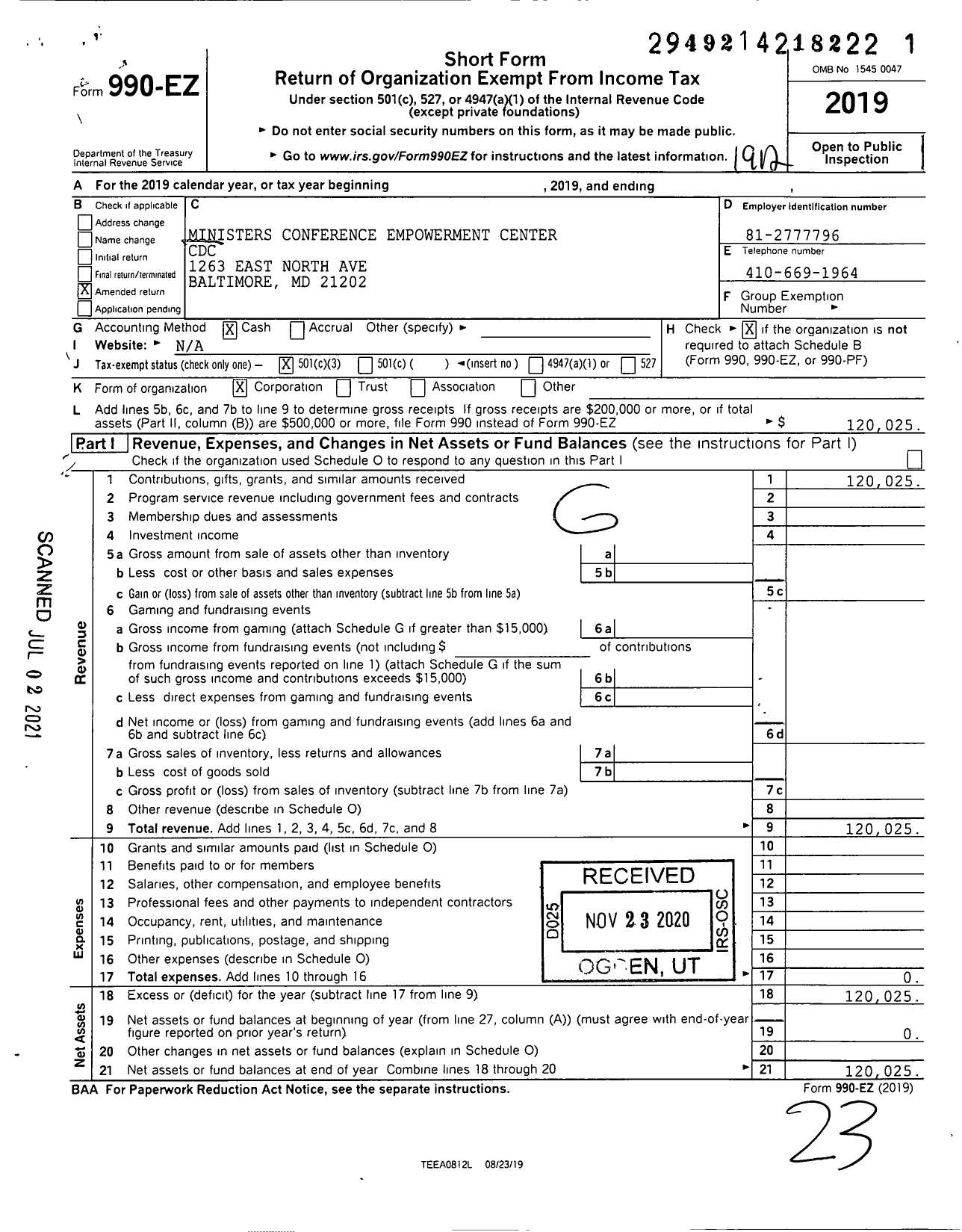 Image of first page of 2019 Form 990EZ for Ministers Conference Empowerment Center CDC