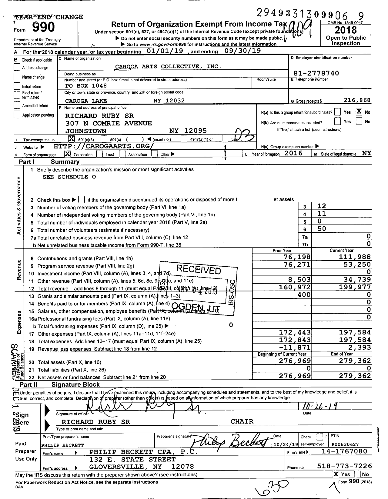 Image of first page of 2018 Form 990 for Caroga Arts Collective