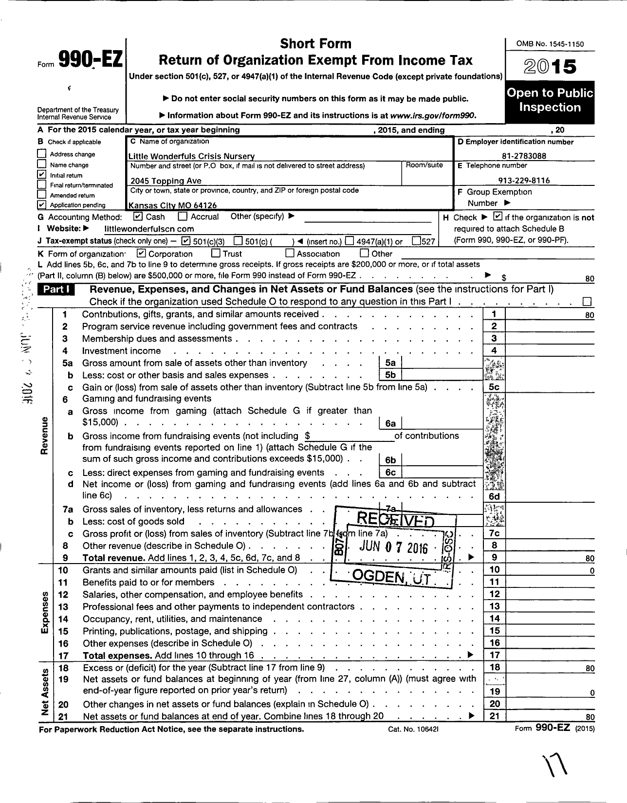 Image of first page of 2015 Form 990EZ for Little Wonderfuls Crisis Nursery