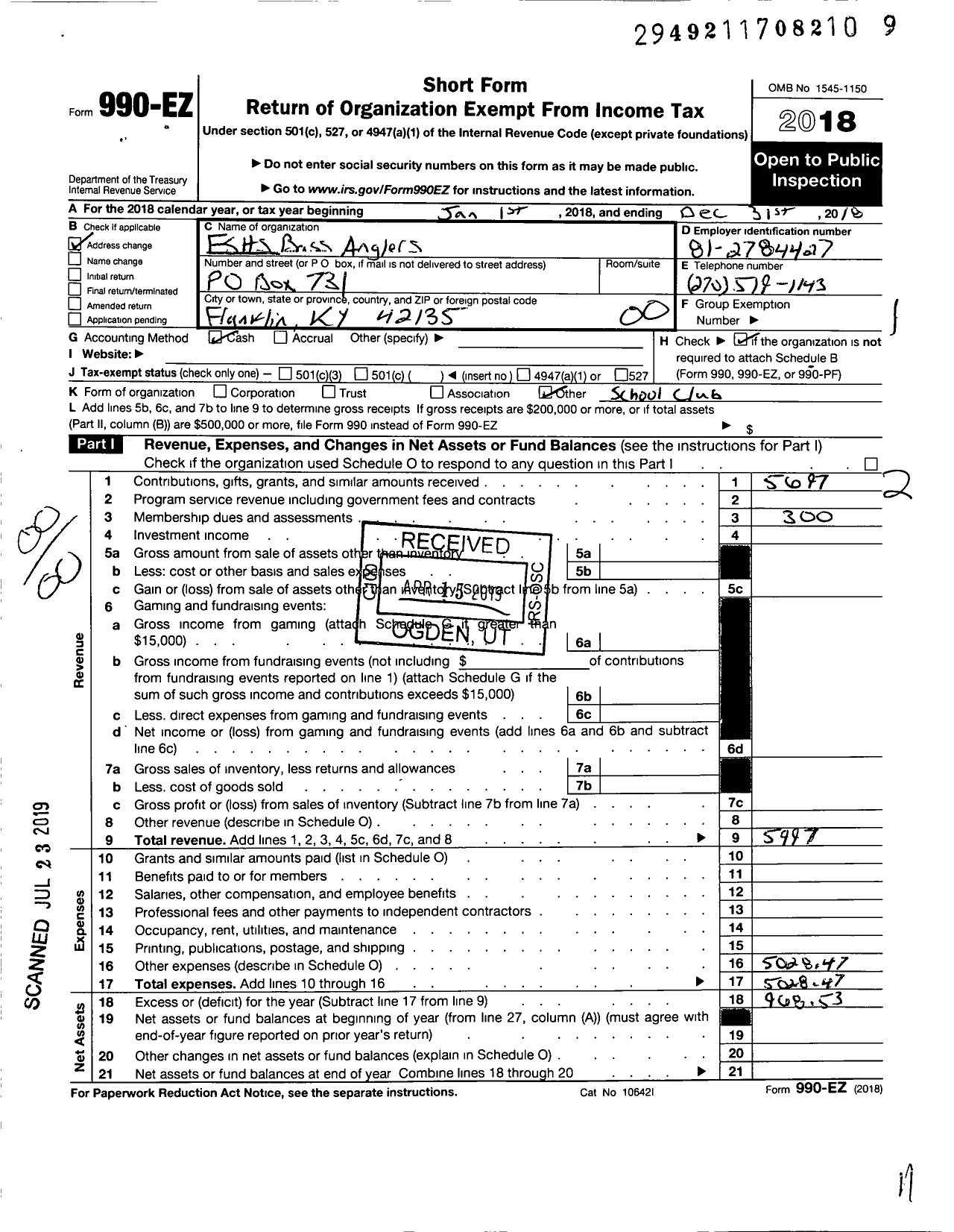 Image of first page of 2018 Form 990EO for Franklin Simpson Bass Anglers