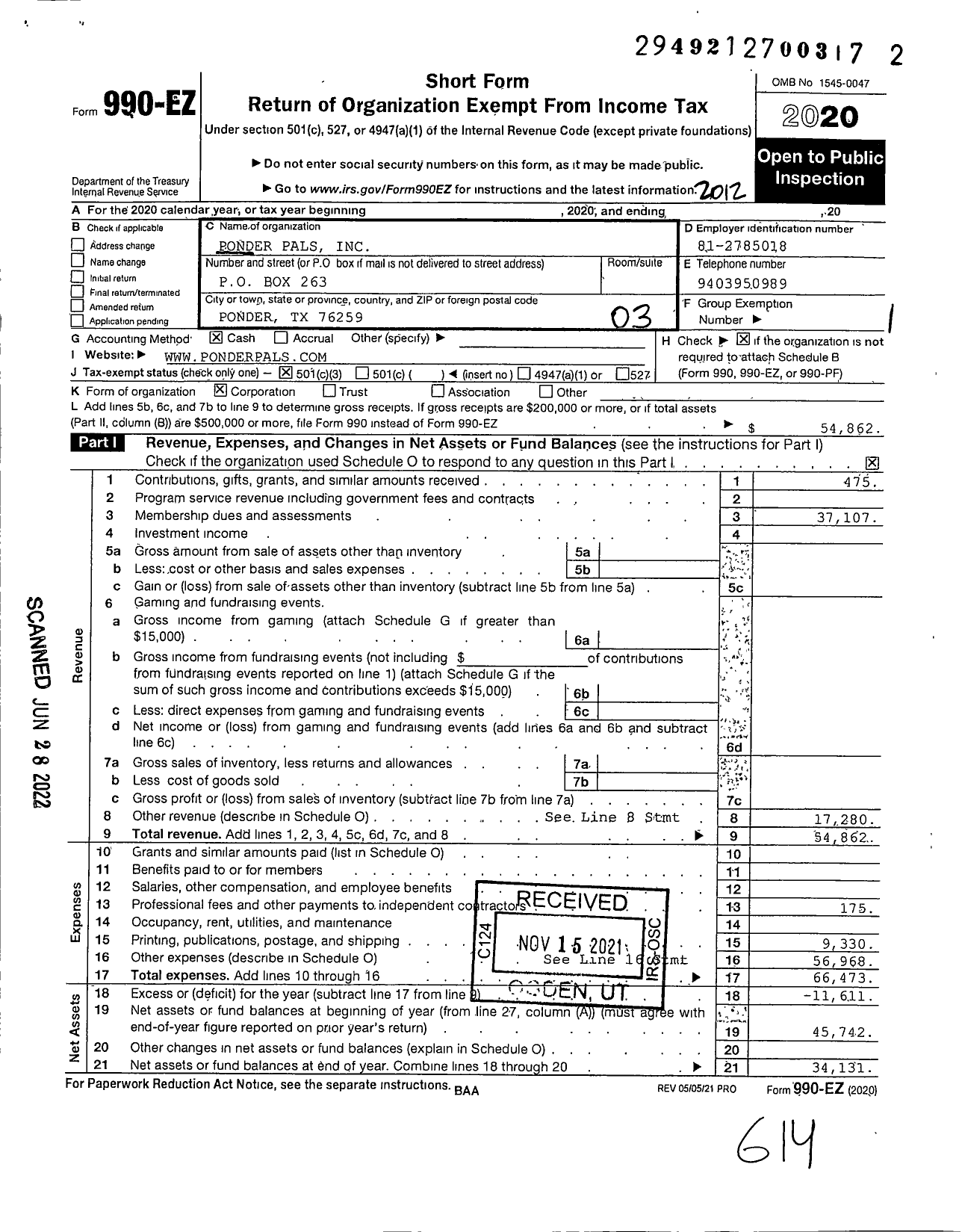 Image of first page of 2020 Form 990EZ for Ponder Pals