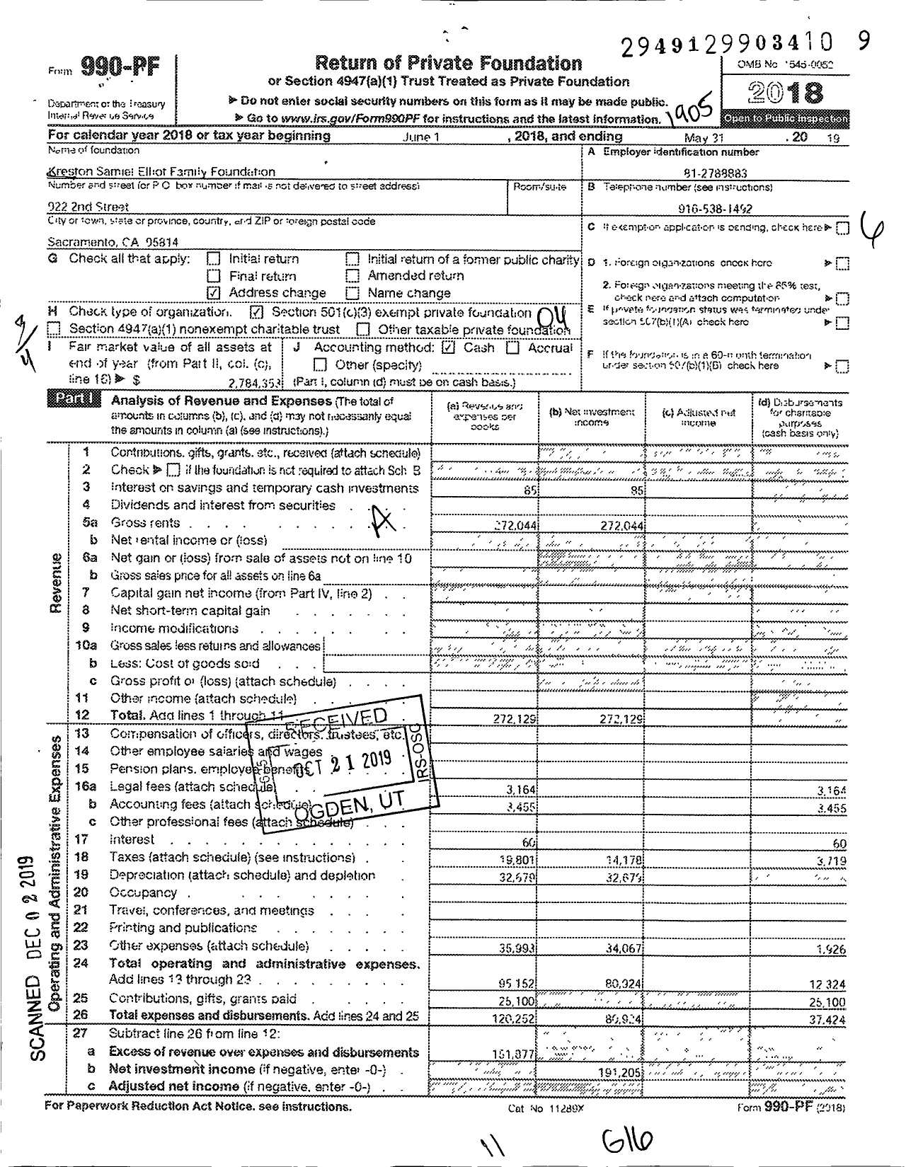 Image of first page of 2018 Form 990PF for Kreston Samiel Elliot Family FND