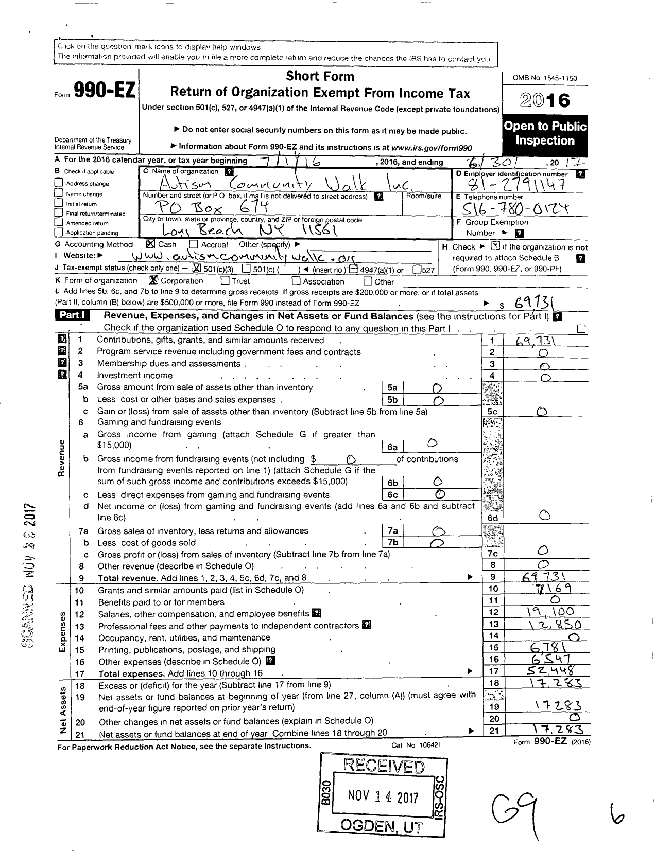 Image of first page of 2016 Form 990EZ for Autism Community Walk