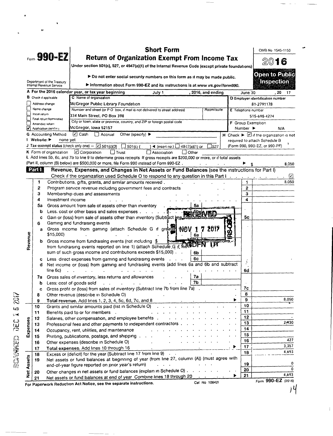 Image of first page of 2016 Form 990EZ for Mcgregor Public Library Foundation