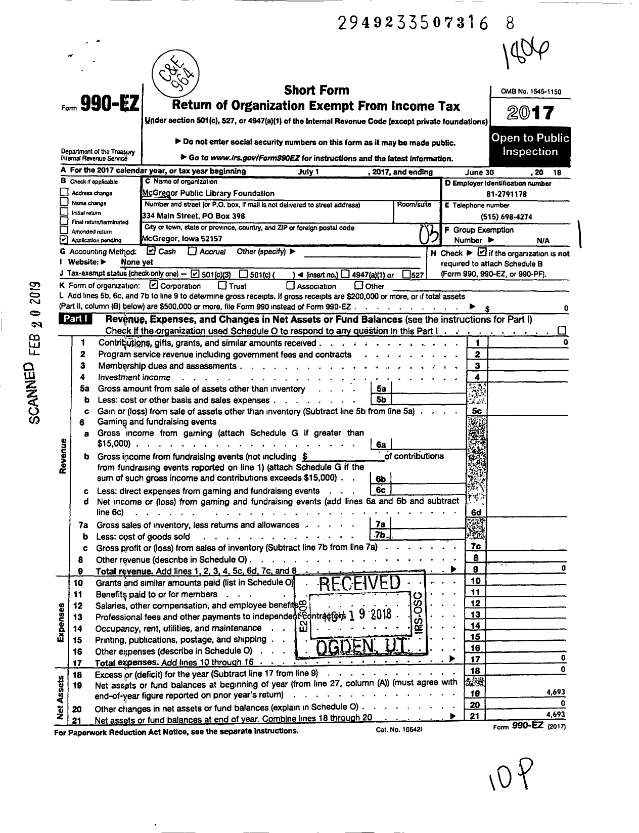 Image of first page of 2017 Form 990EZ for Mcgregor Public Library Foundation