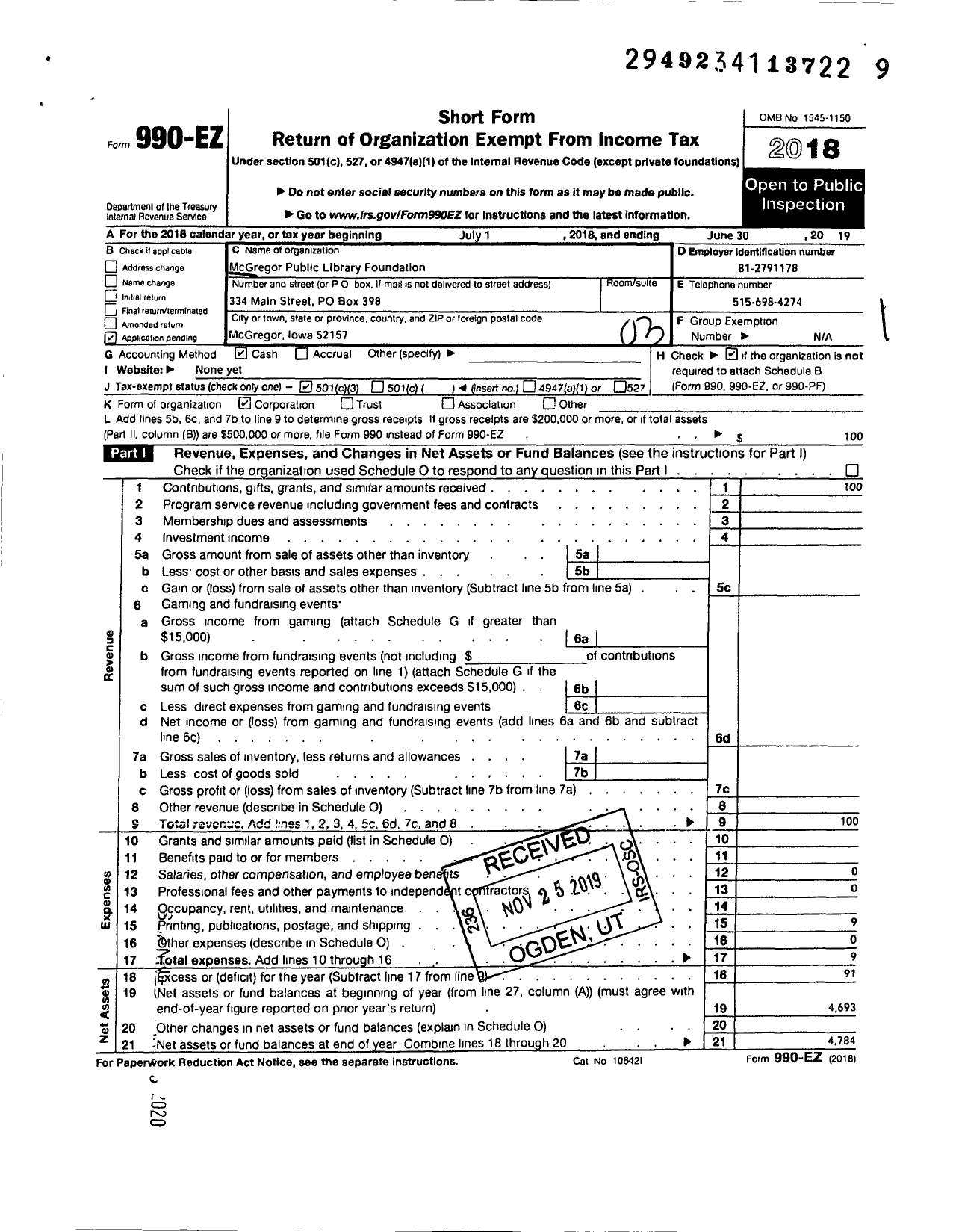 Image of first page of 2018 Form 990EZ for Mcgregor Public Library Foundation