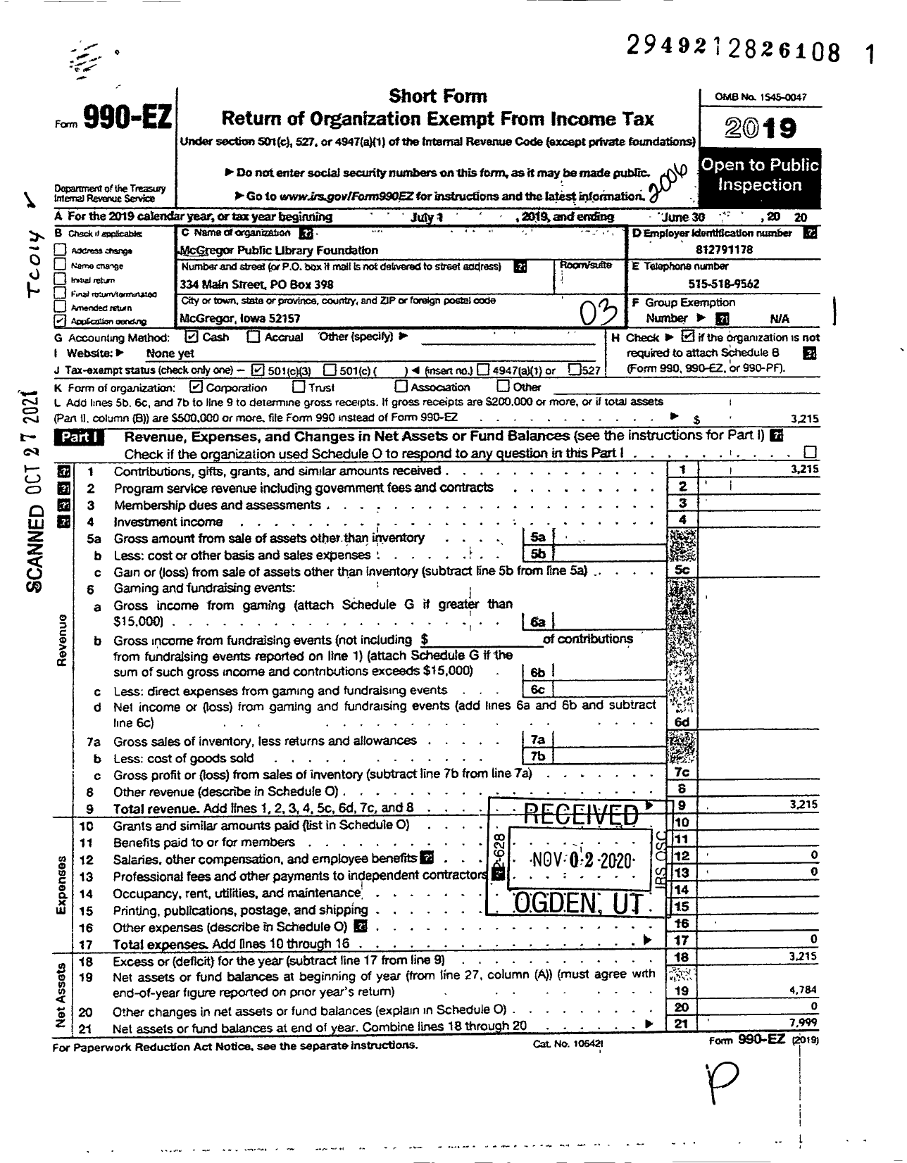 Image of first page of 2019 Form 990EZ for Mcgregor Public Library Foundation