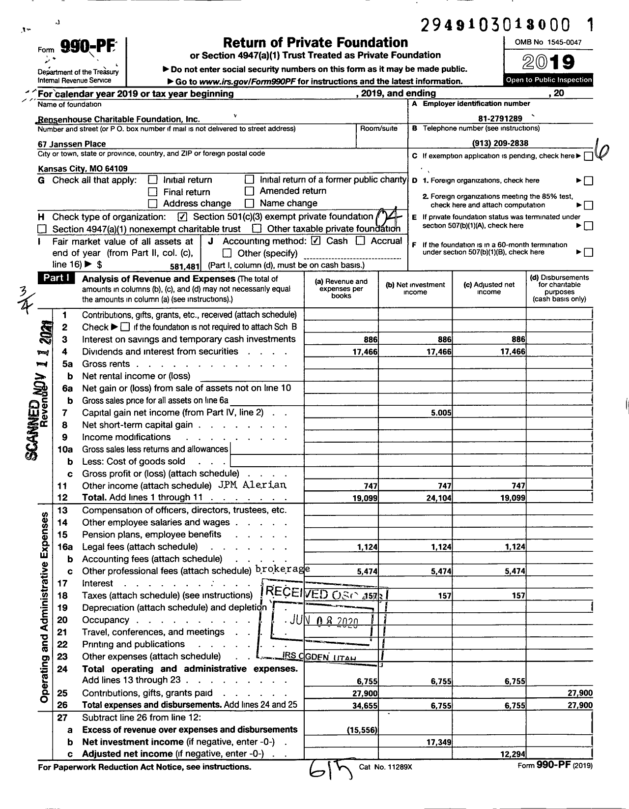 Image of first page of 2019 Form 990PF for Rensenhouse Charitable Foundation of Missouri