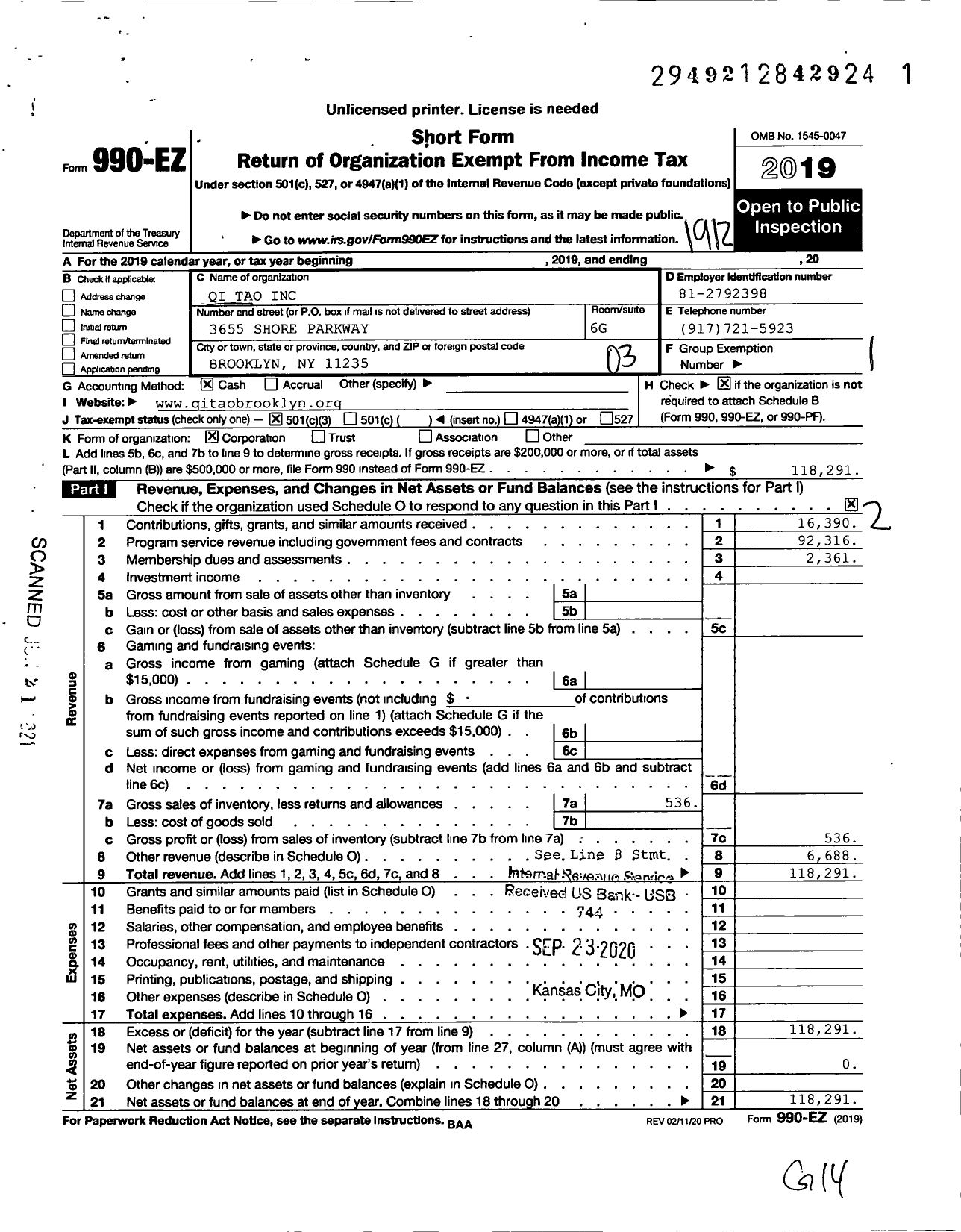 Image of first page of 2019 Form 990EZ for Qi Tao