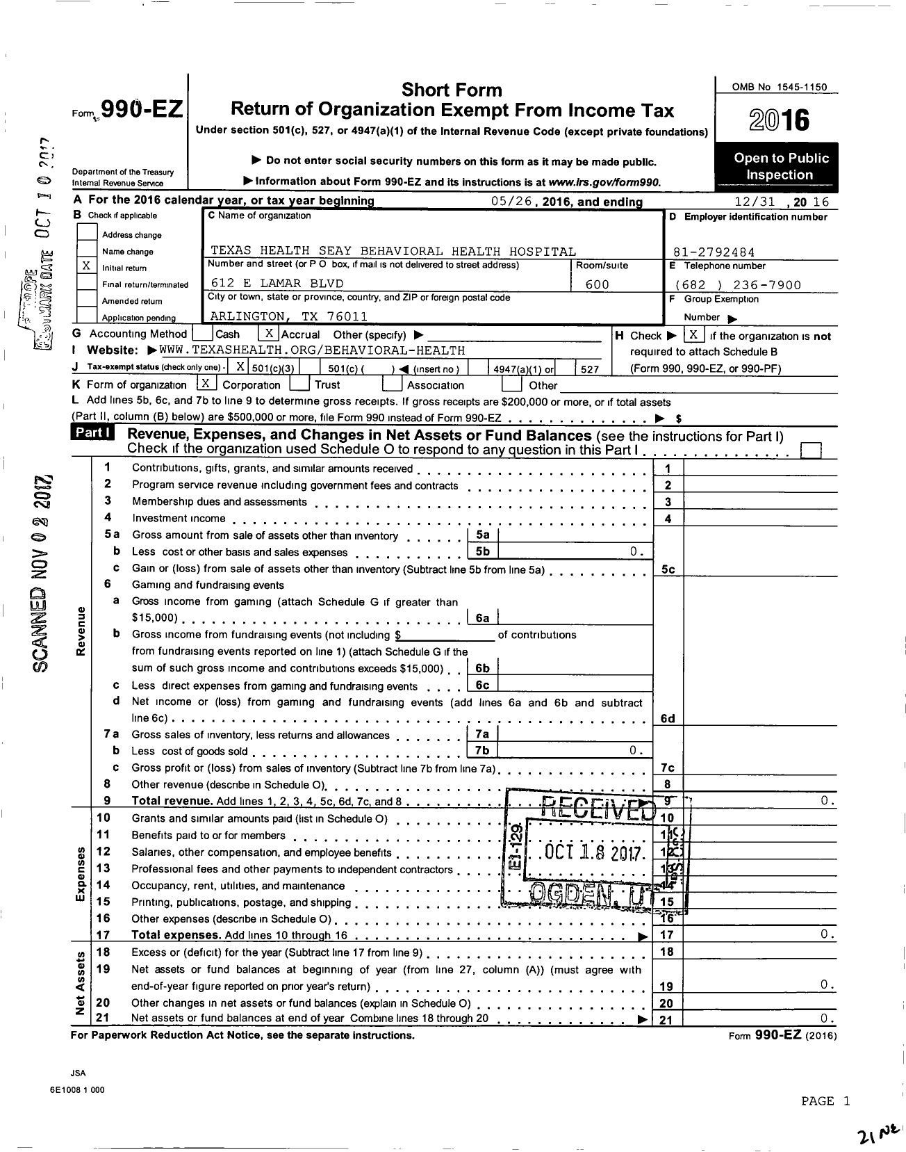 Image of first page of 2016 Form 990EZ for Texas Health Behavioral Health Hospital Plano