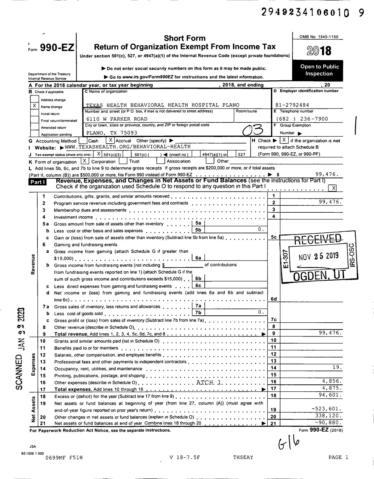 Image of first page of 2018 Form 990EZ for Texas Health Behavioral Health Hospital Plano