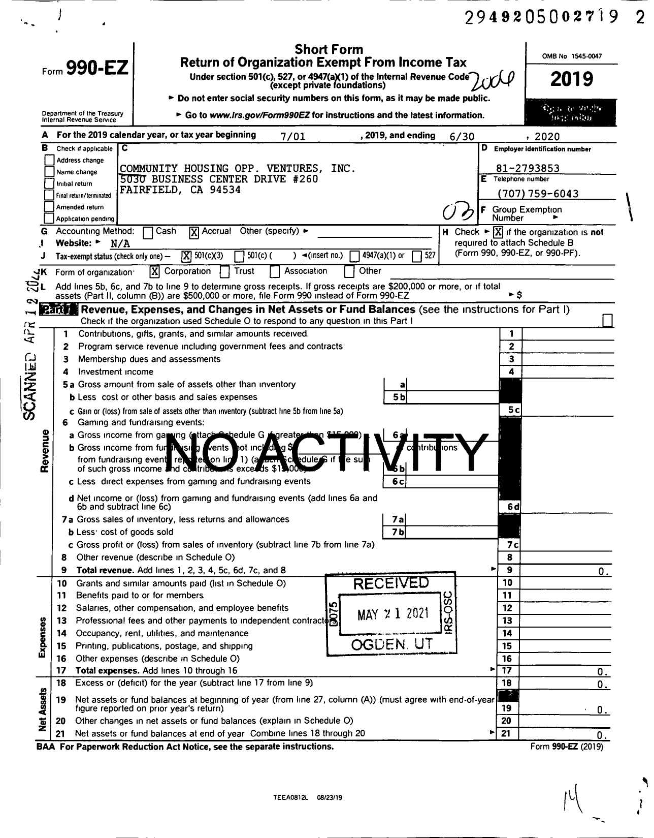 Image of first page of 2019 Form 990EZ for Community Housing Opp Ventures