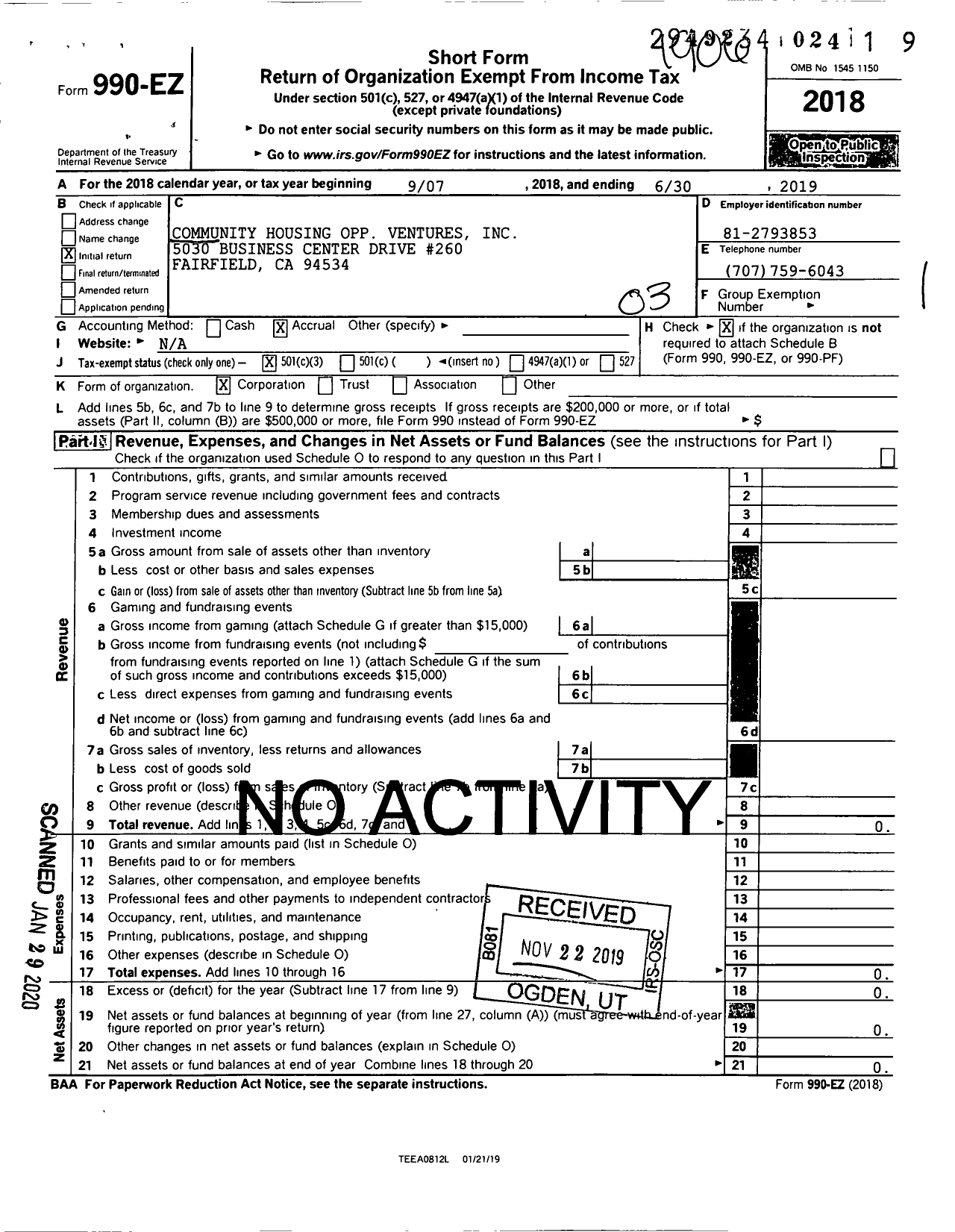 Image of first page of 2018 Form 990EZ for Community Housing Opp Ventures