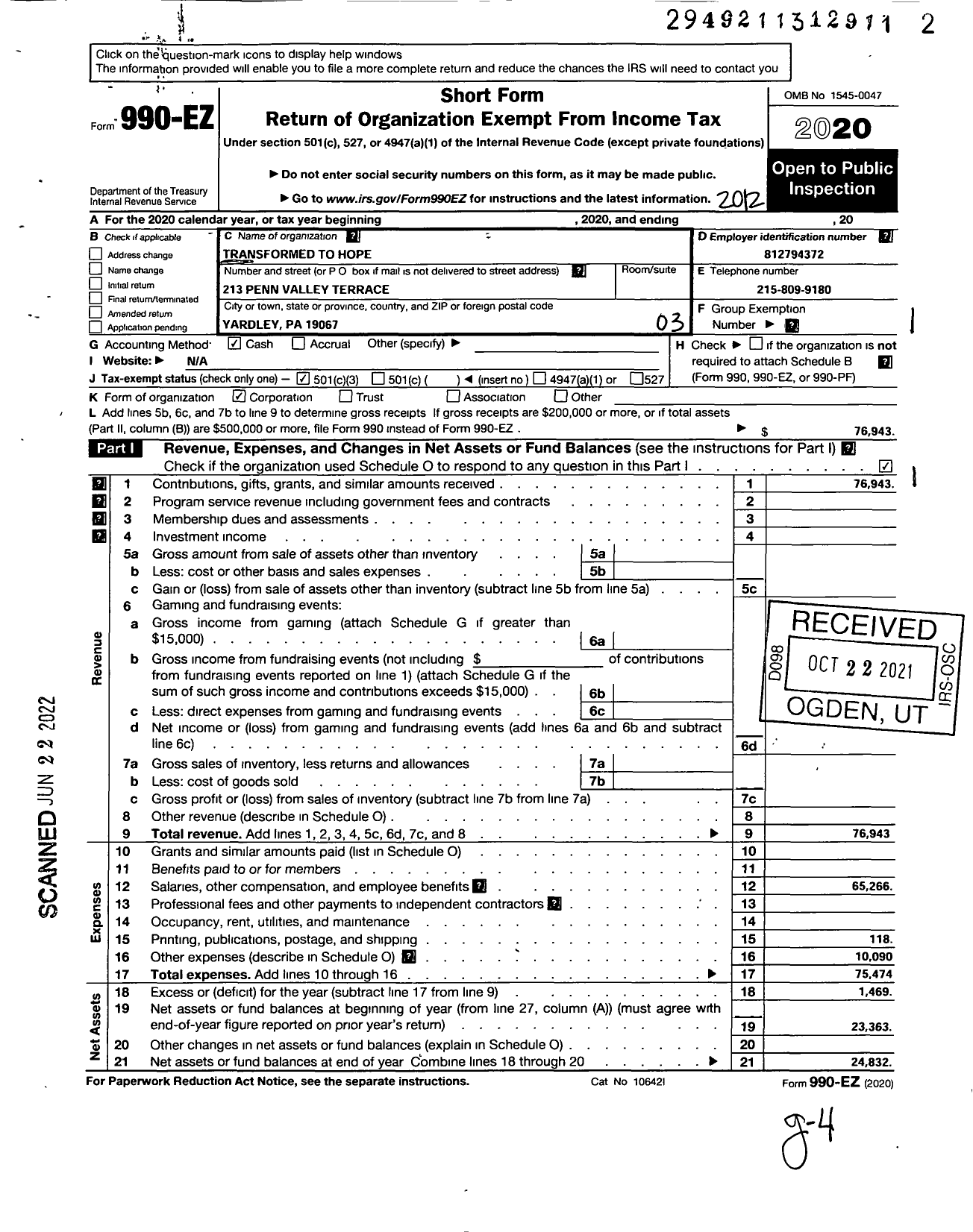 Image of first page of 2020 Form 990EZ for Transformed To Hope