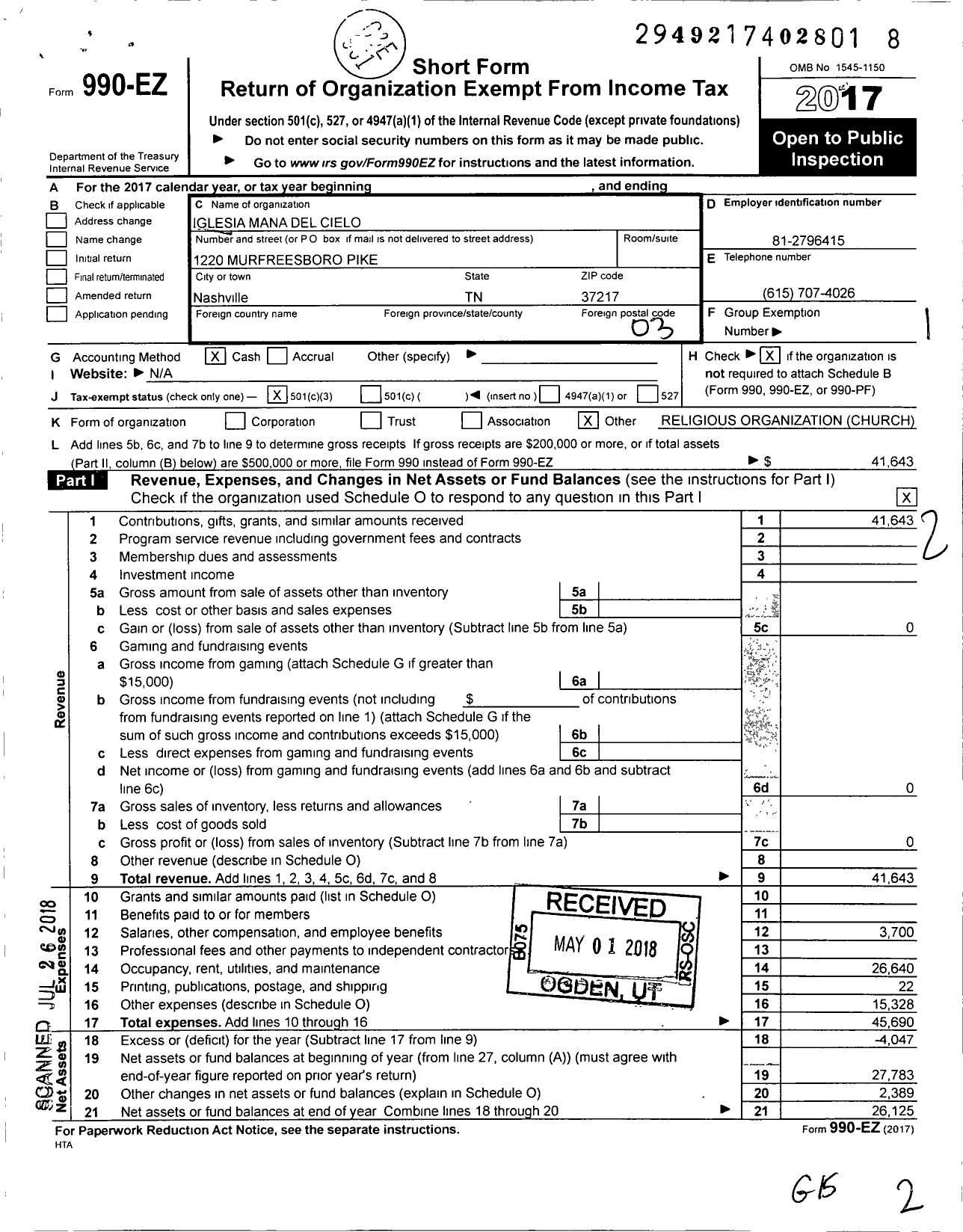 Image of first page of 2017 Form 990EZ for Iglesia Mana Del Cielo