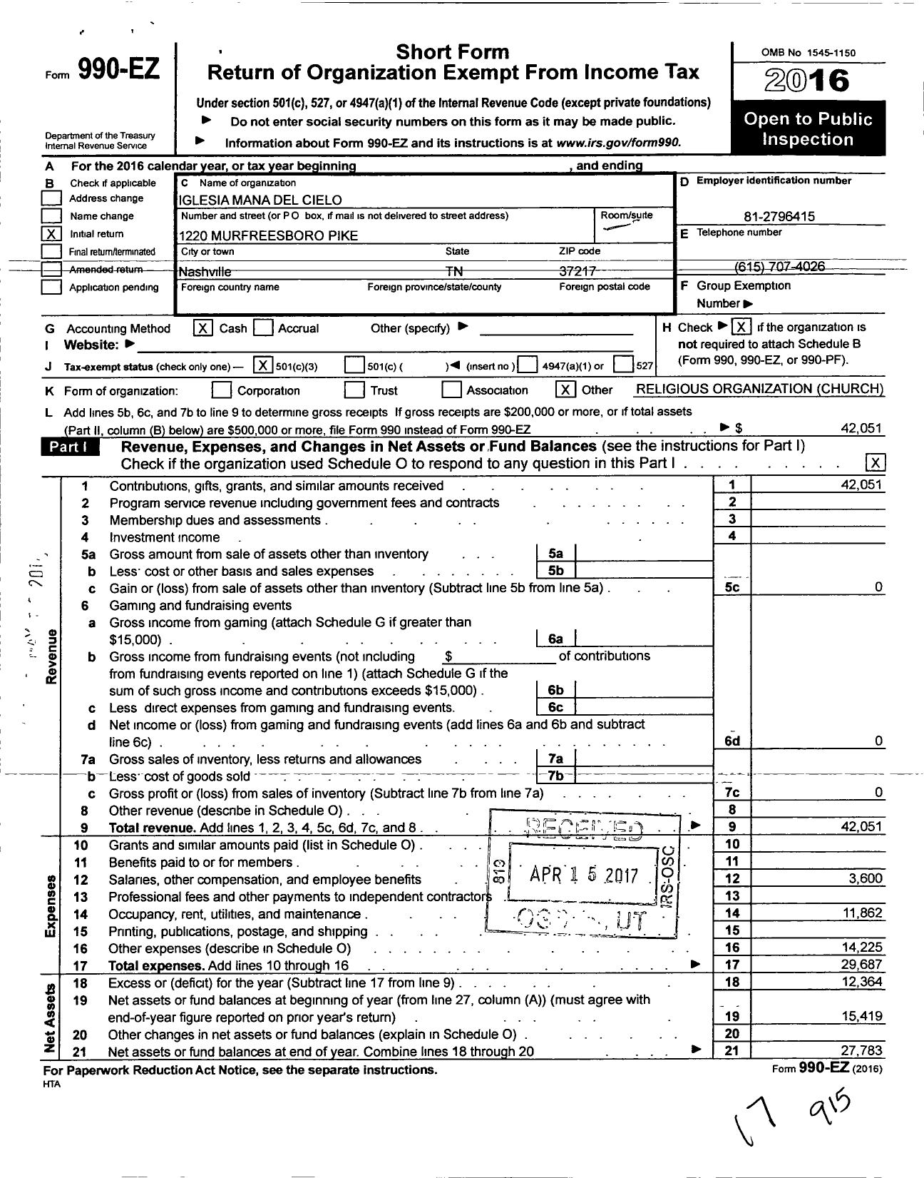 Image of first page of 2016 Form 990EZ for Iglesia Mana Del Cielo