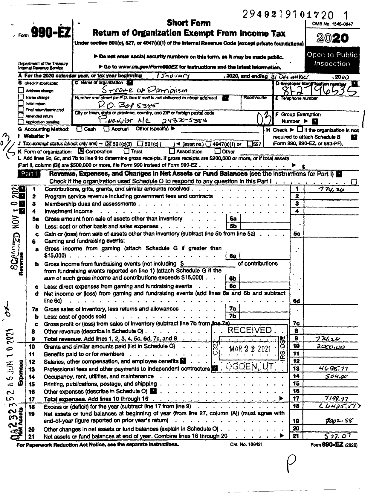 Image of first page of 2020 Form 990EZ for A Stroke of Patriotism