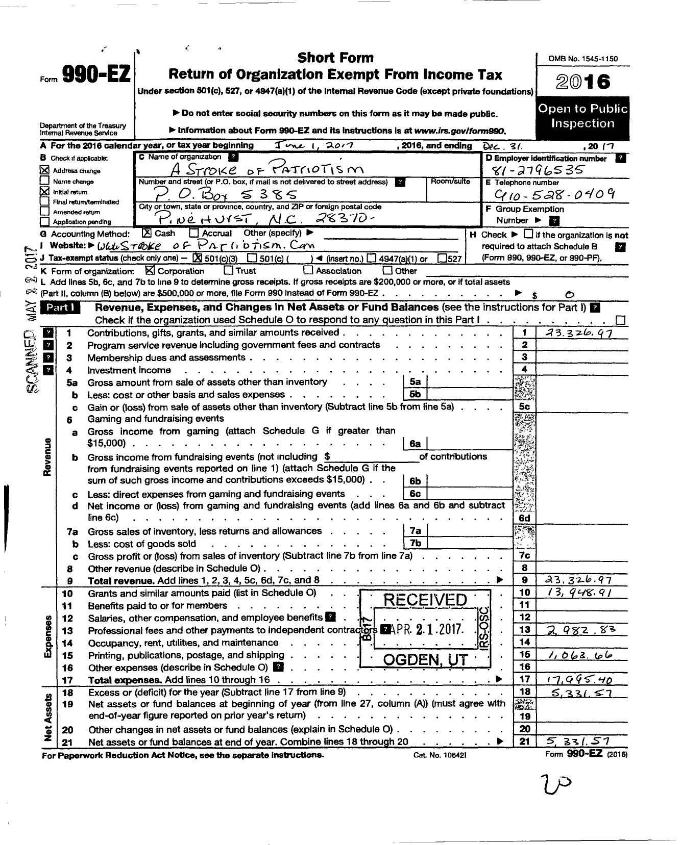 Image of first page of 2016 Form 990EZ for A Stroke of Patriotism