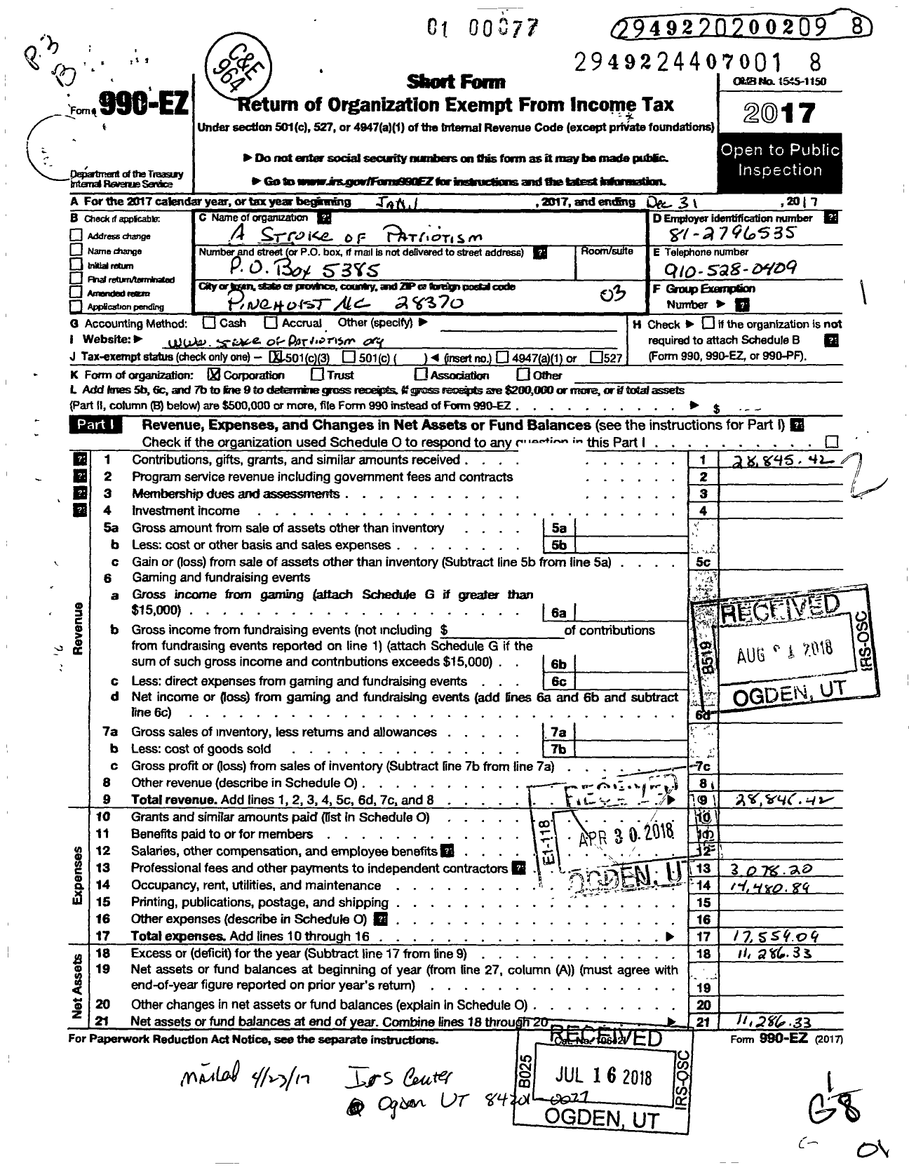 Image of first page of 2017 Form 990EZ for A Stroke of Patriotism