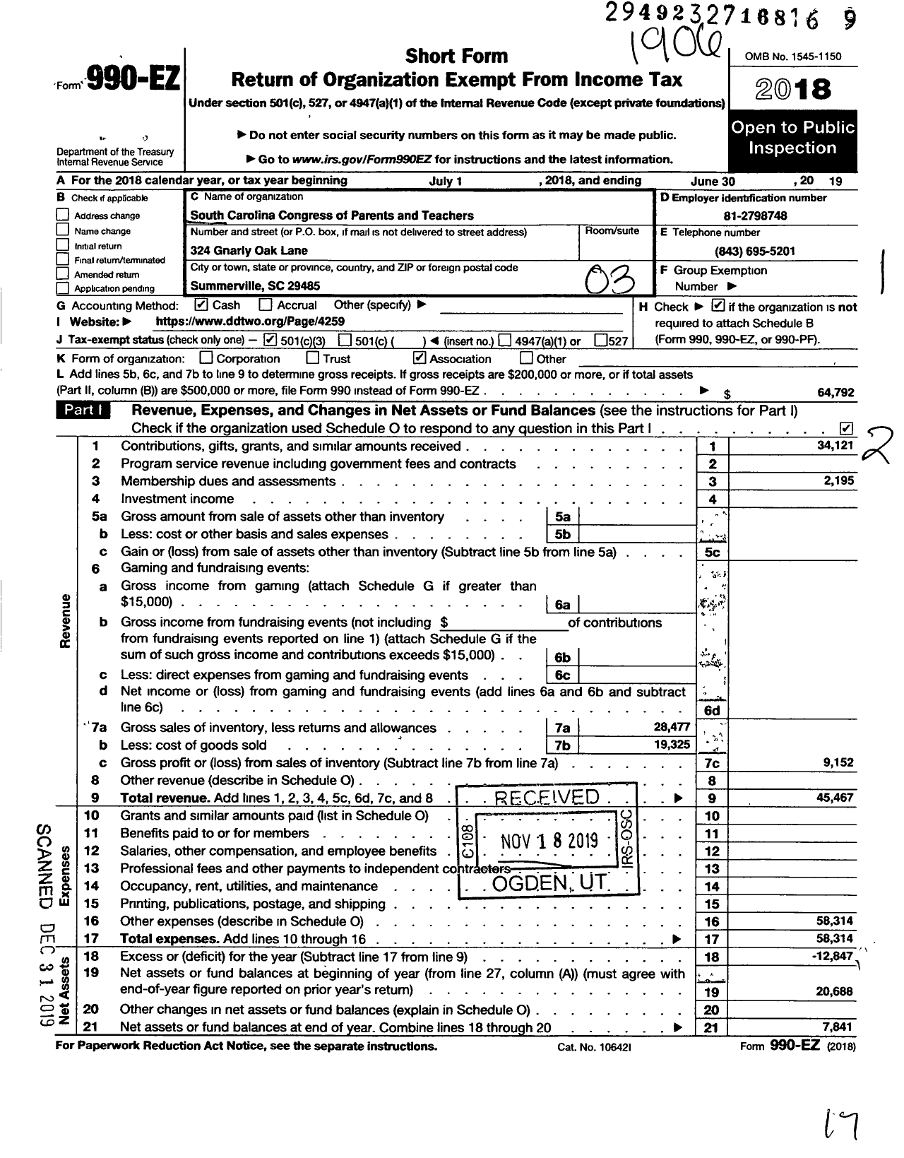 Image of first page of 2018 Form 990EZ for Sand Hill Elementary PTA