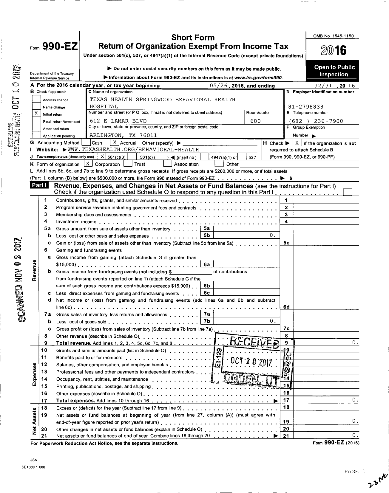 Image of first page of 2016 Form 990EZ for Texas Health Behavioral Health Hospital Bedford