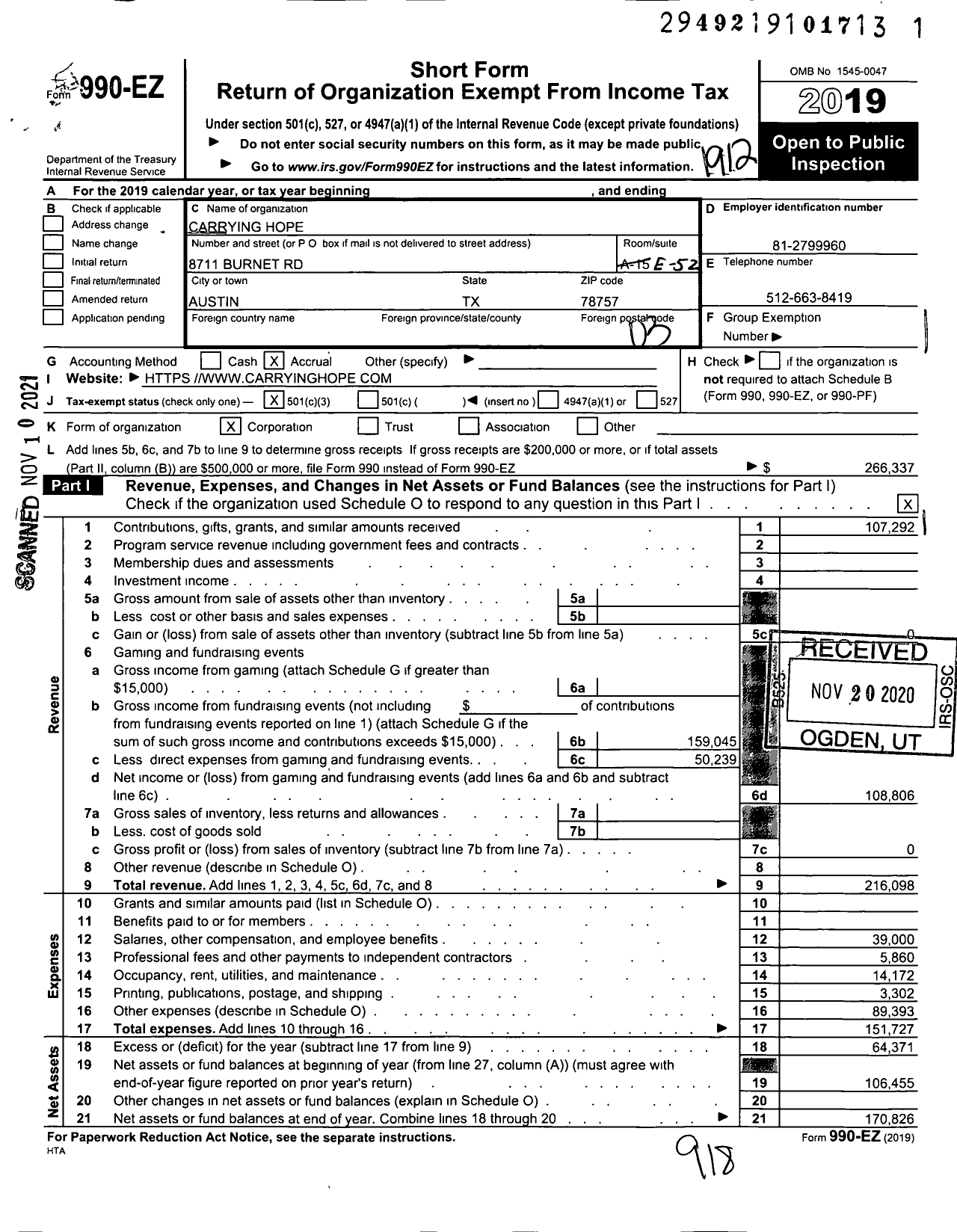 Image of first page of 2019 Form 990EZ for Carrying Hope