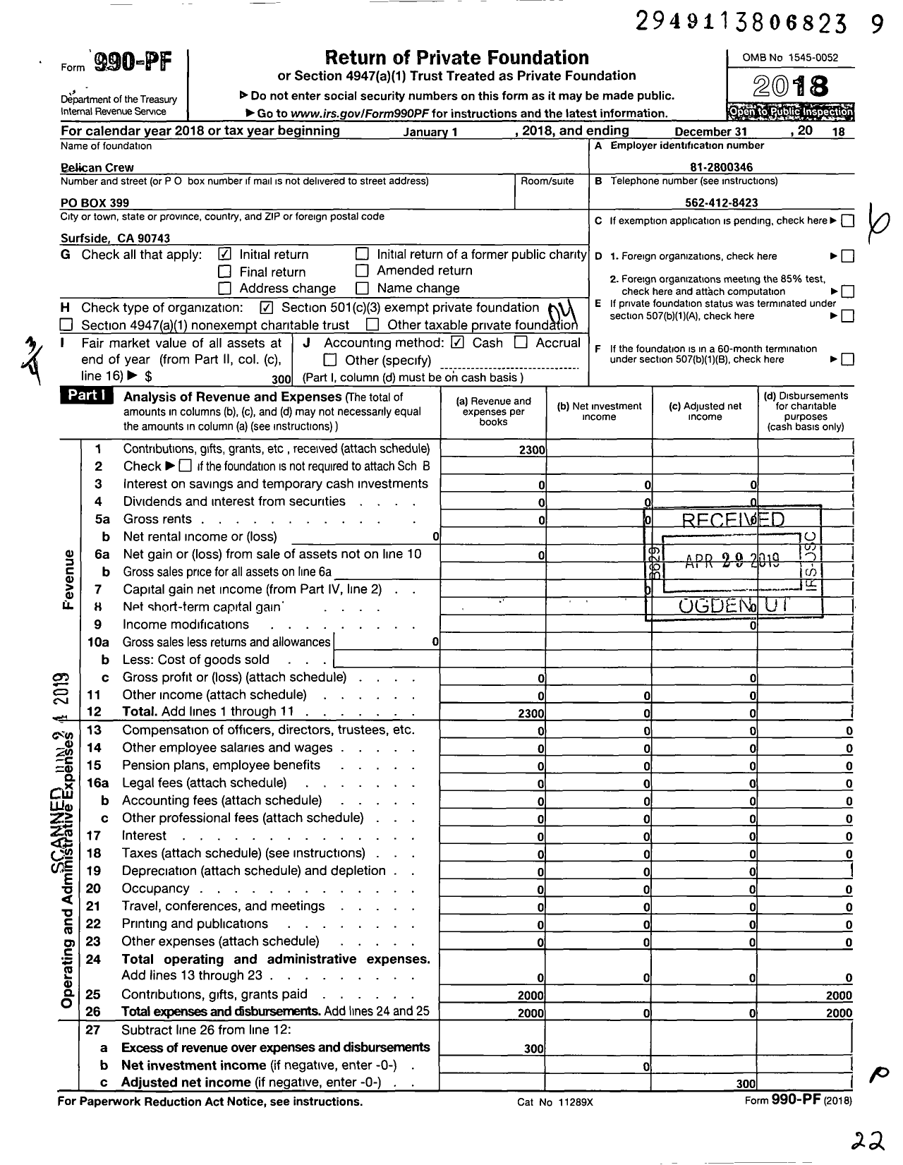 Image of first page of 2018 Form 990PF for Pelican Crew