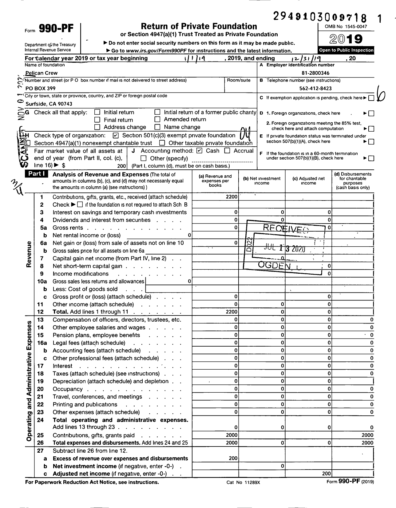 Image of first page of 2019 Form 990PF for Pelican Crew