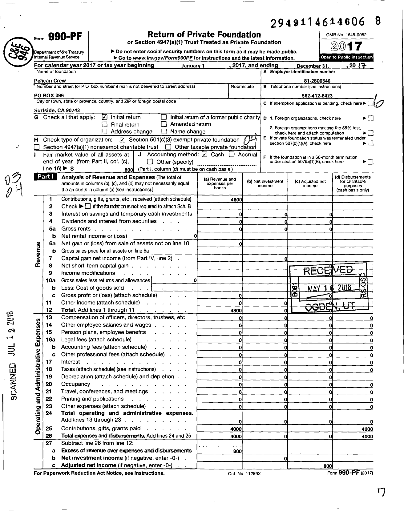 Image of first page of 2017 Form 990PF for Pelican Crew