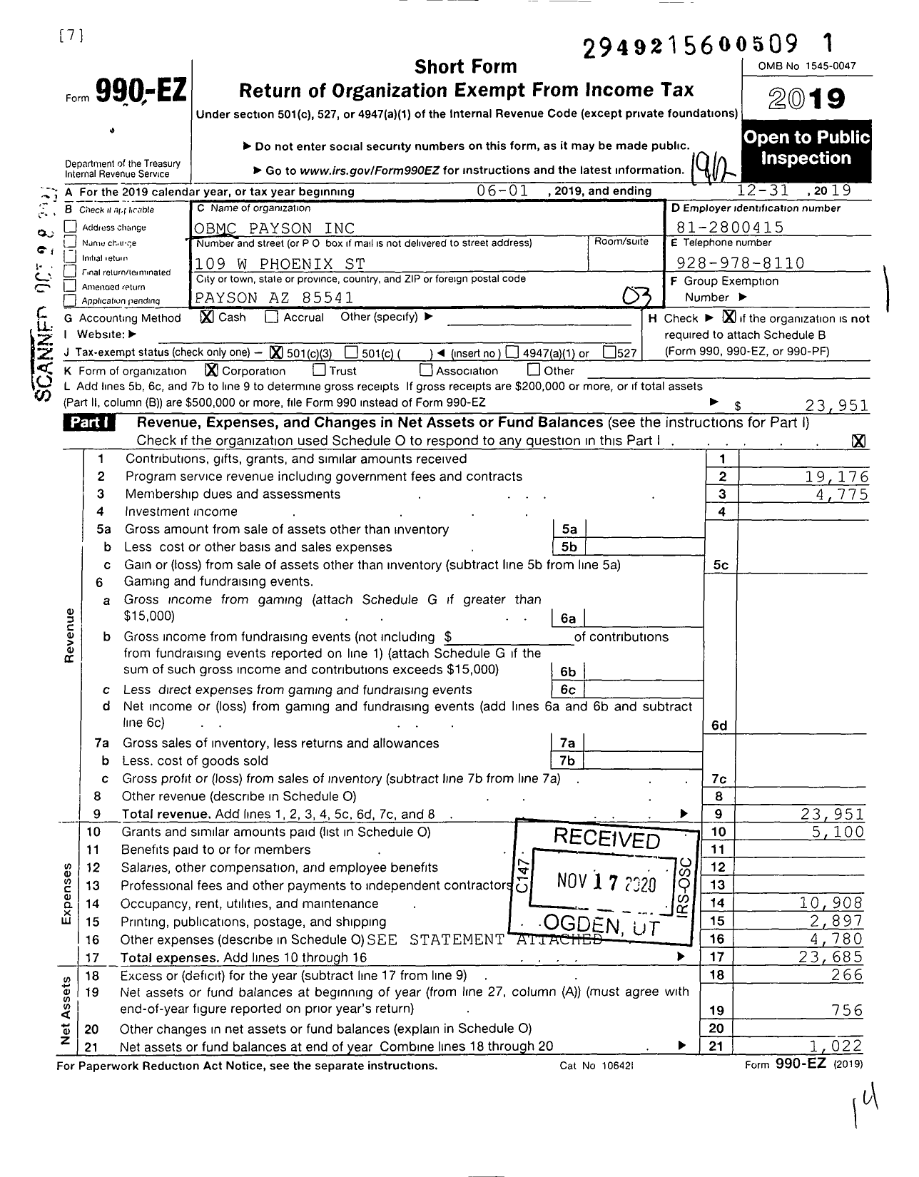 Image of first page of 2019 Form 990EZ for Obmc Payson