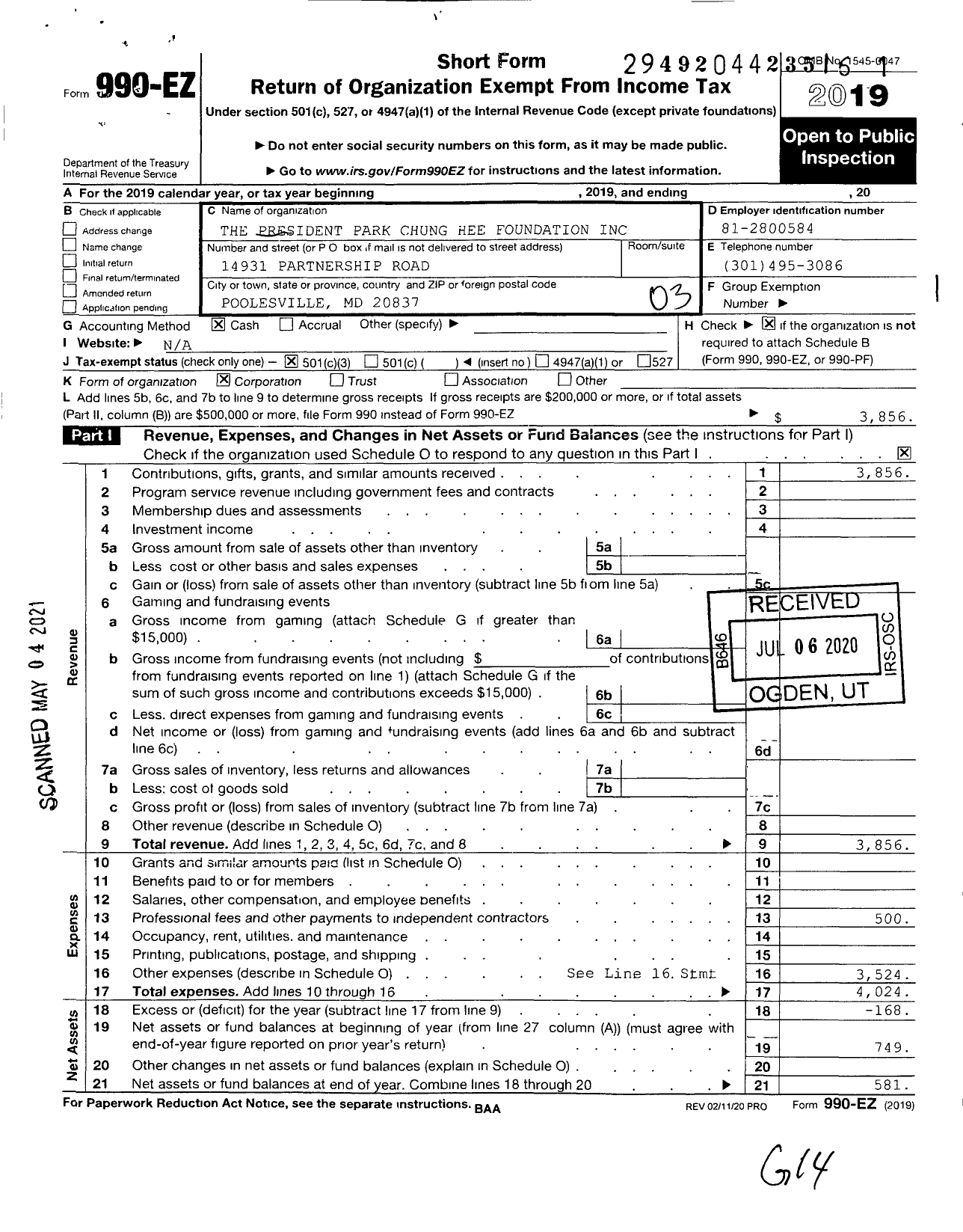 Image of first page of 2019 Form 990EZ for The President Park Chung Hee Founda