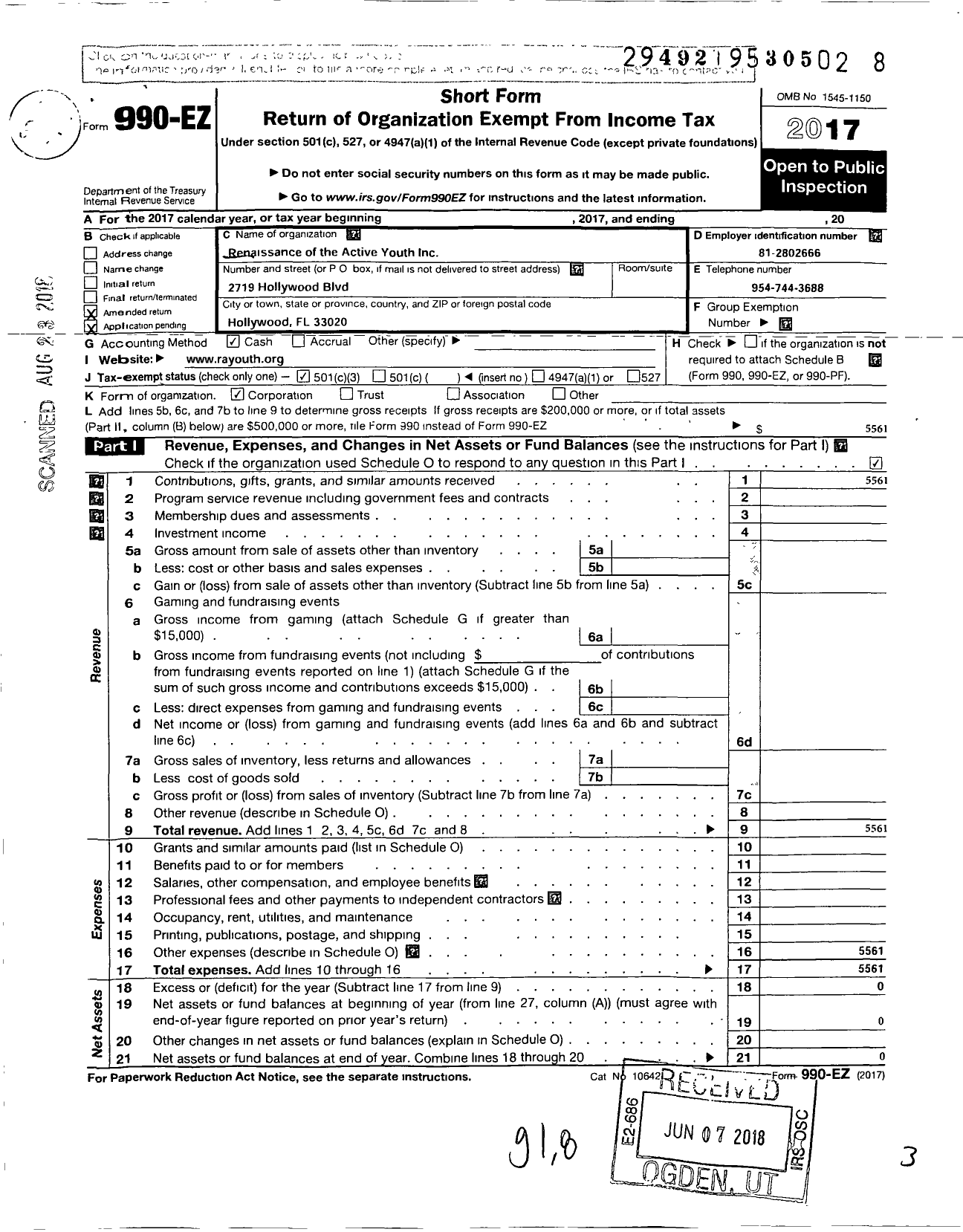 Image of first page of 2017 Form 990EZ for Renaissance of the Active Youth