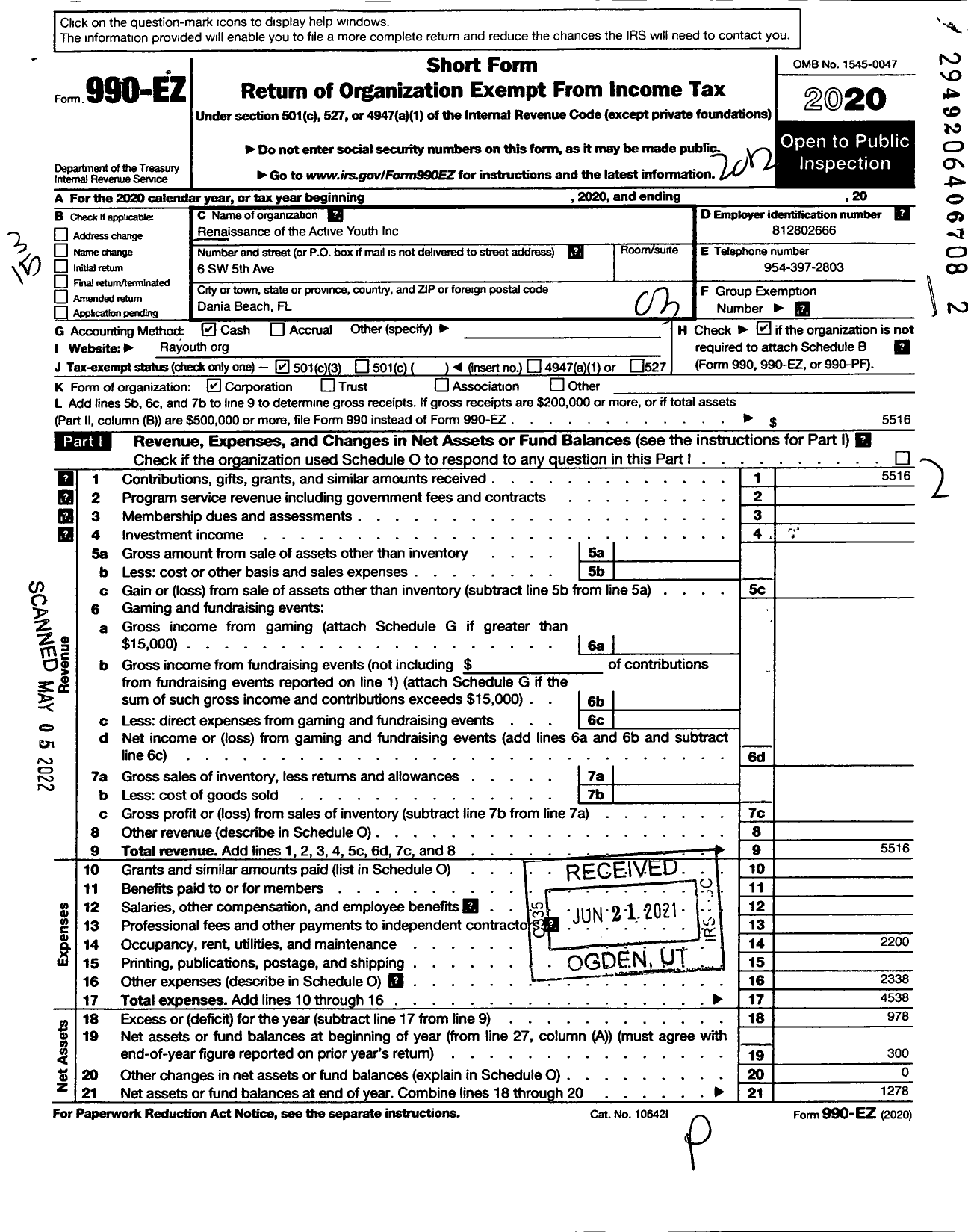 Image of first page of 2020 Form 990EZ for Renaissance of the Active Youth