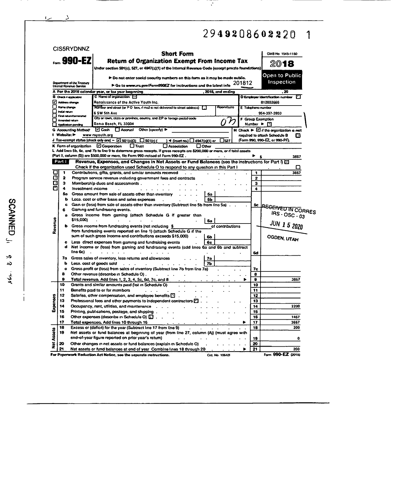 Image of first page of 2018 Form 990EZ for Renaissance of the Active Youth